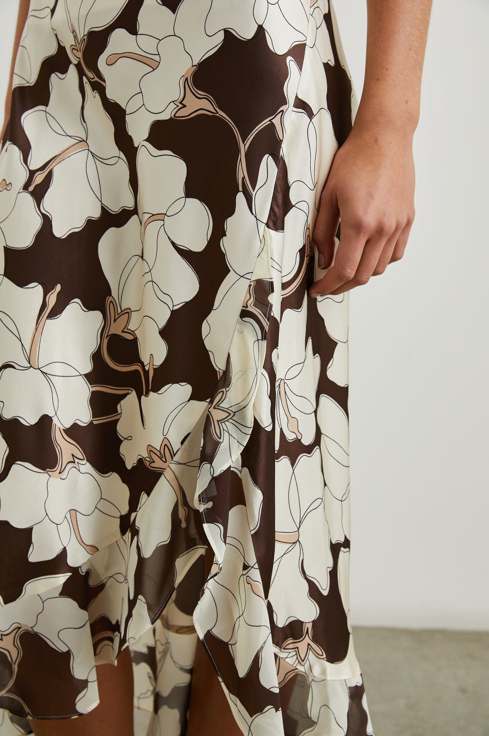 Adia Double Layer Midi Skirt in Mocha Floral Colorway, Cream Flowers on Mocha - Front View Featured on Model