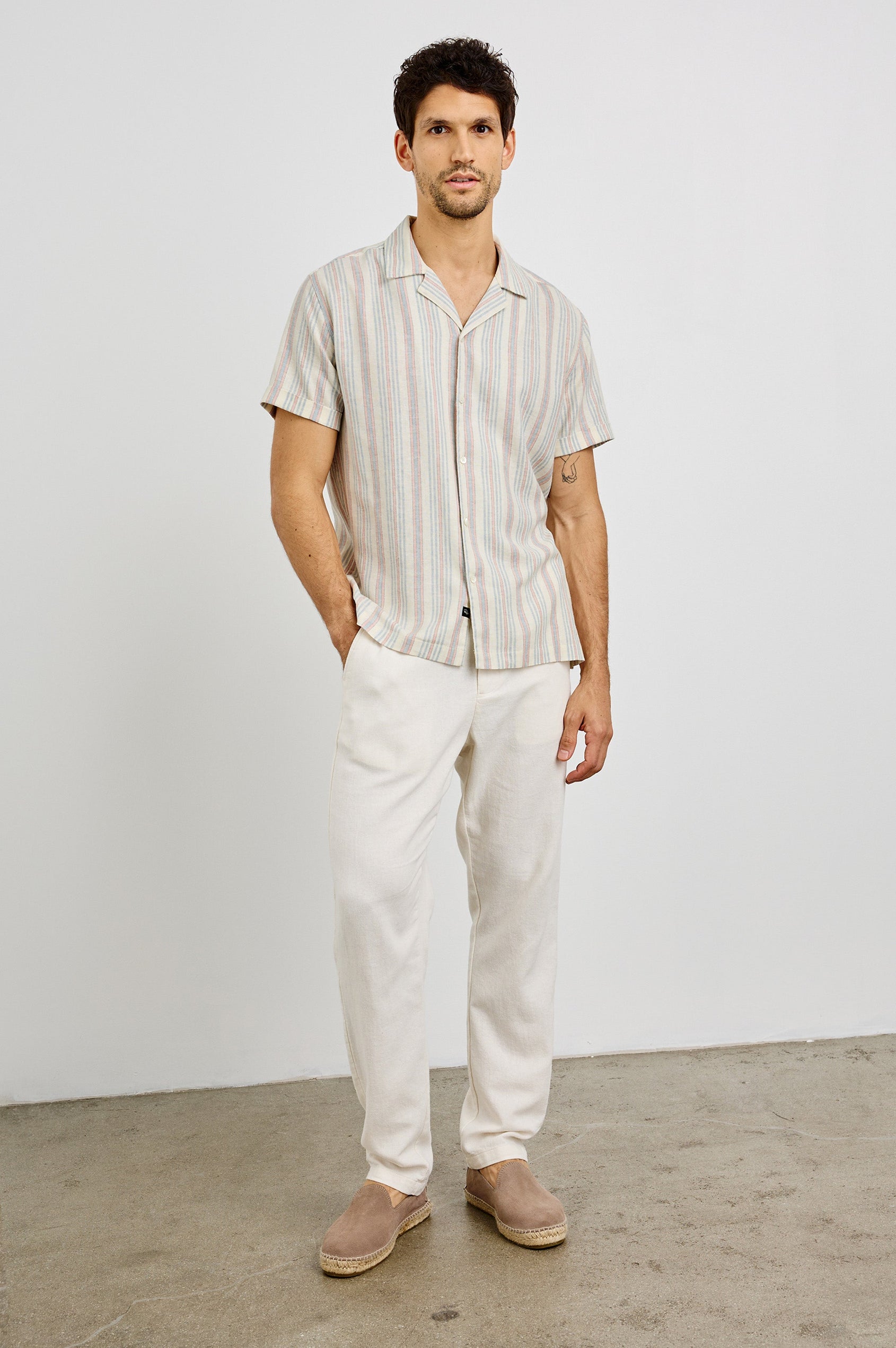 Amalfi Collared Button Front Shirt with Short Sleeves in Amalfi Stripe Colorway. Front View Shown on Model.