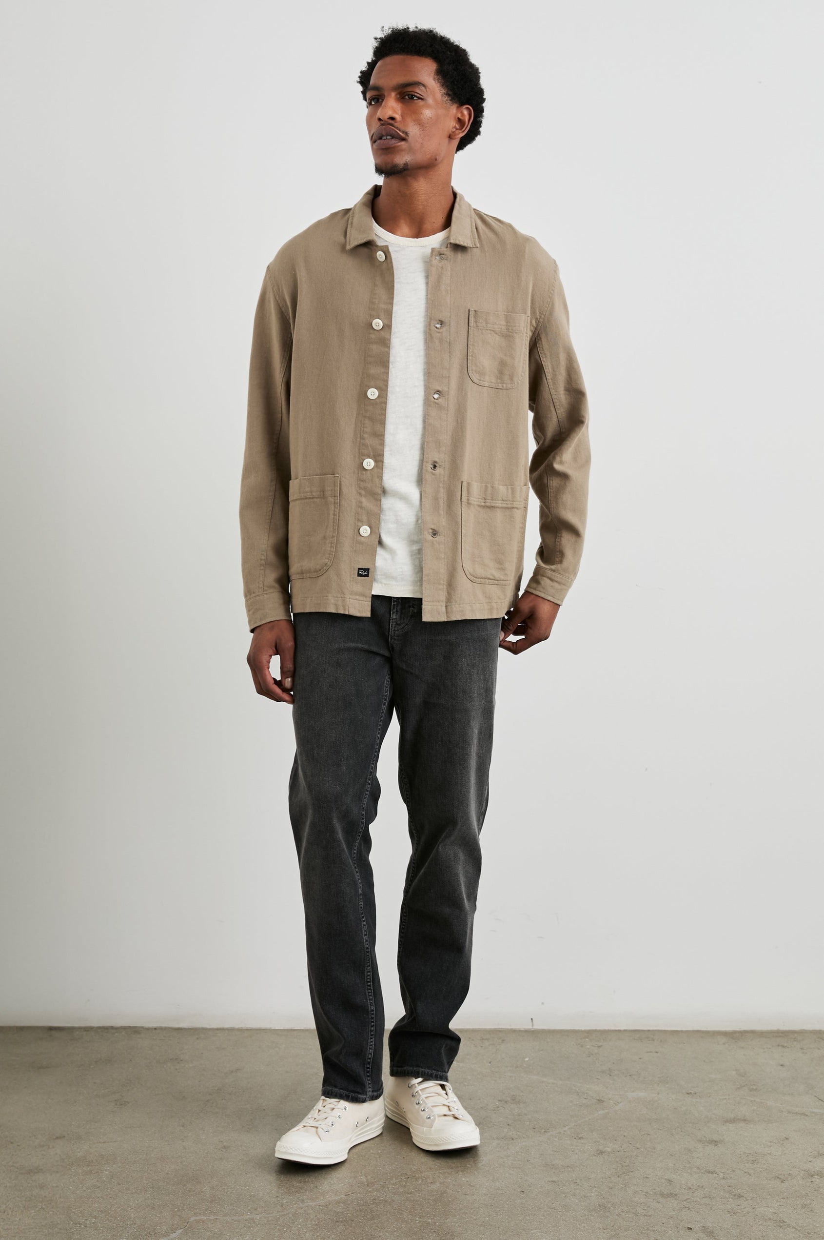 Ambrose Jacket with Button Closure, Two Front Patch Pockets and a Chest Patch Pocket in Barley Colorway - Front Full Body View Featured on Model