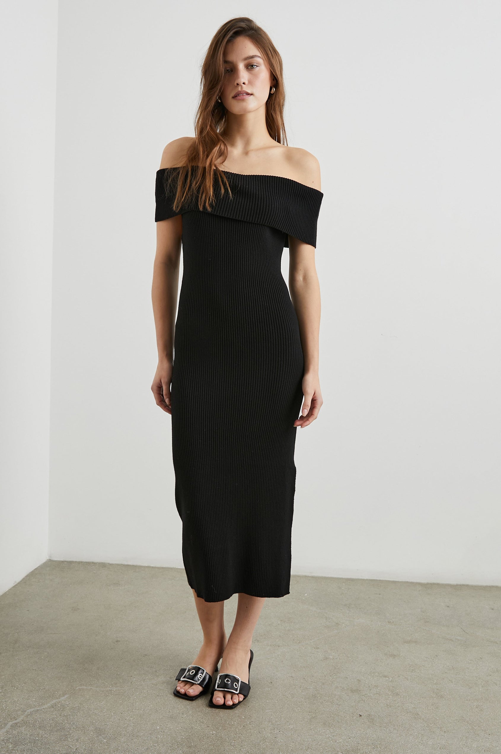 Anaya Ribbed Midi Dress with Off the Shoulder Short Sleeves in Black Colorway - Front Full Body View Featured on Model