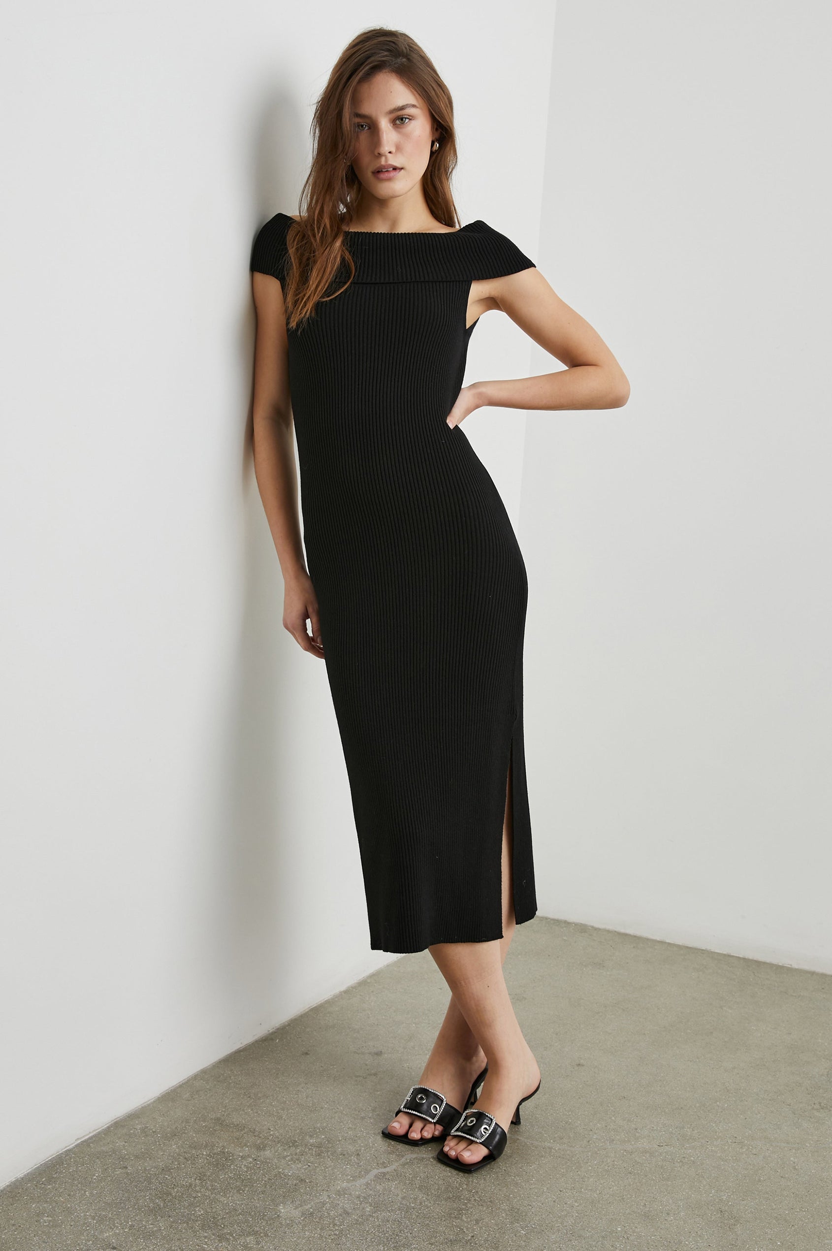 Anaya Ribbed Midi Dress with Off the Shoulder Short Sleeves in Black Colorway - Front Full Body View Featured on Model