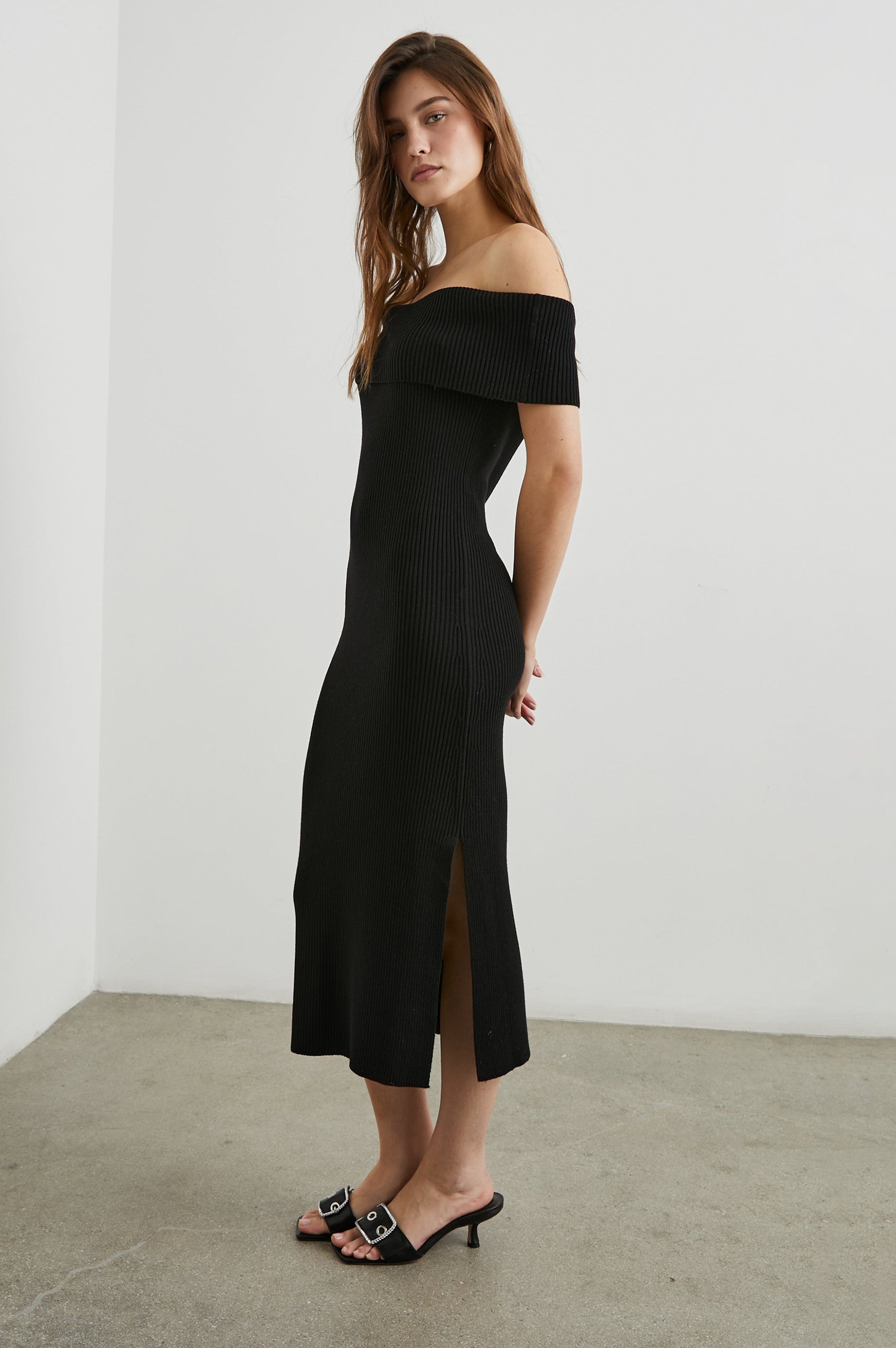 Anaya Ribbed Midi Dress with Off the Shoulder Short Sleeves in Black Colorway - Front Full Body View Featured on Model