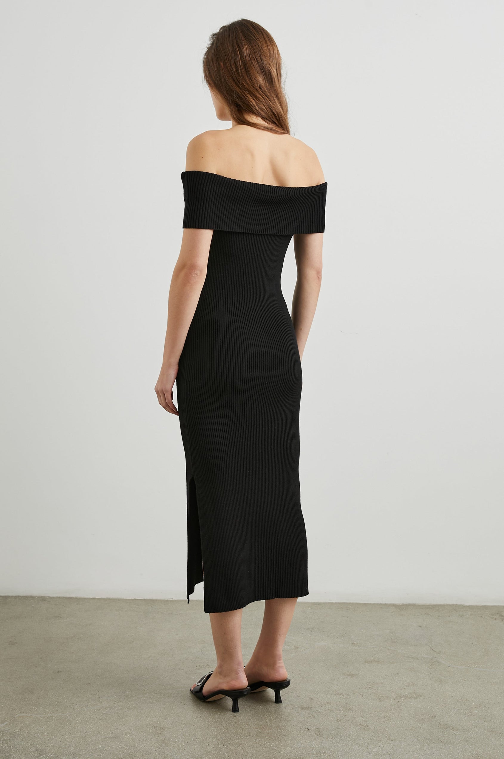 Anaya Ribbed Midi Dress with Off the Shoulder Short Sleeves in Black Colorway - Back Full Body View Featured on Model