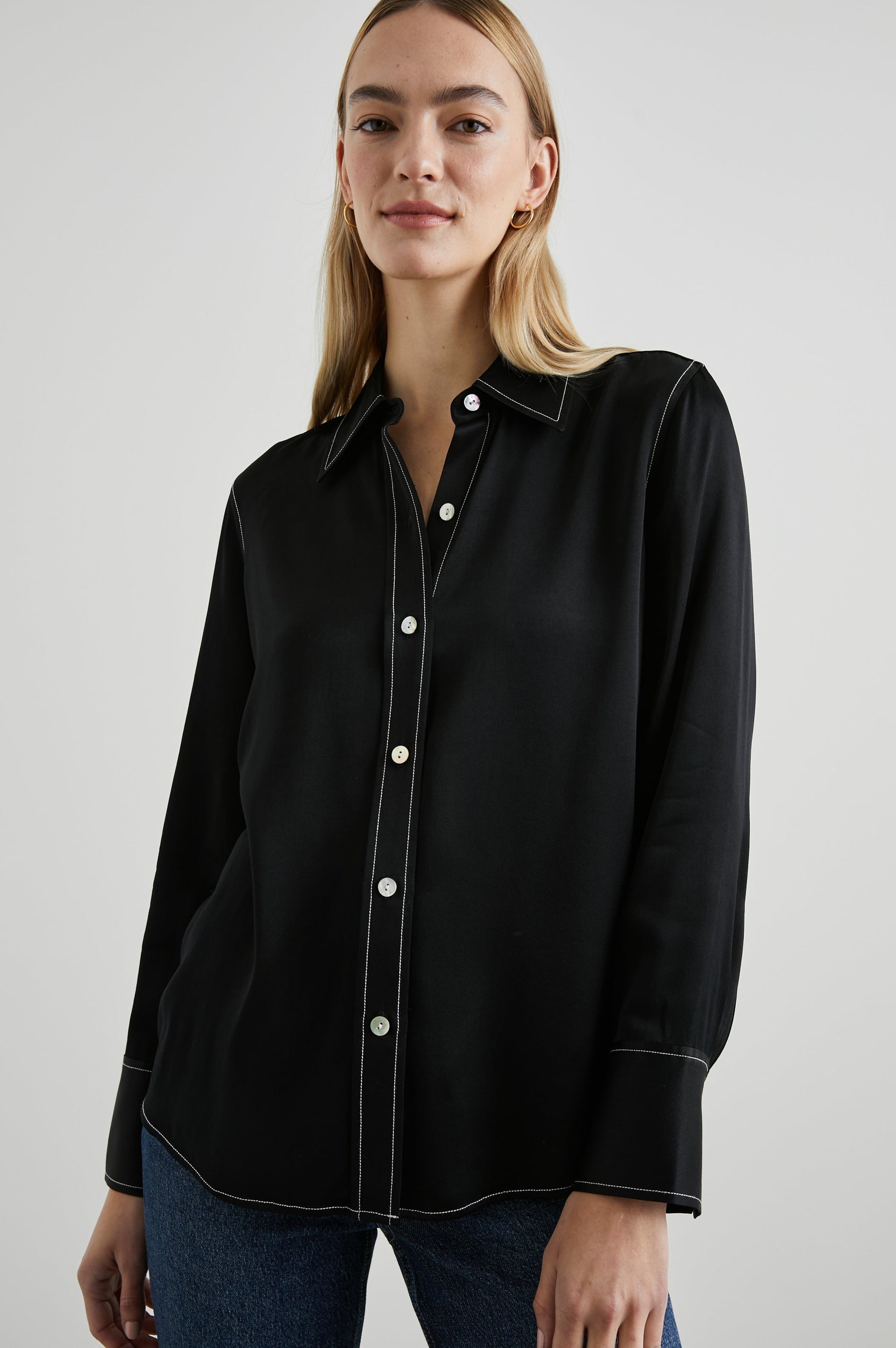 Andrea Long Sleeve Button Up in Black Colorway, with White Stitching at Trim - Front View Featured on Model