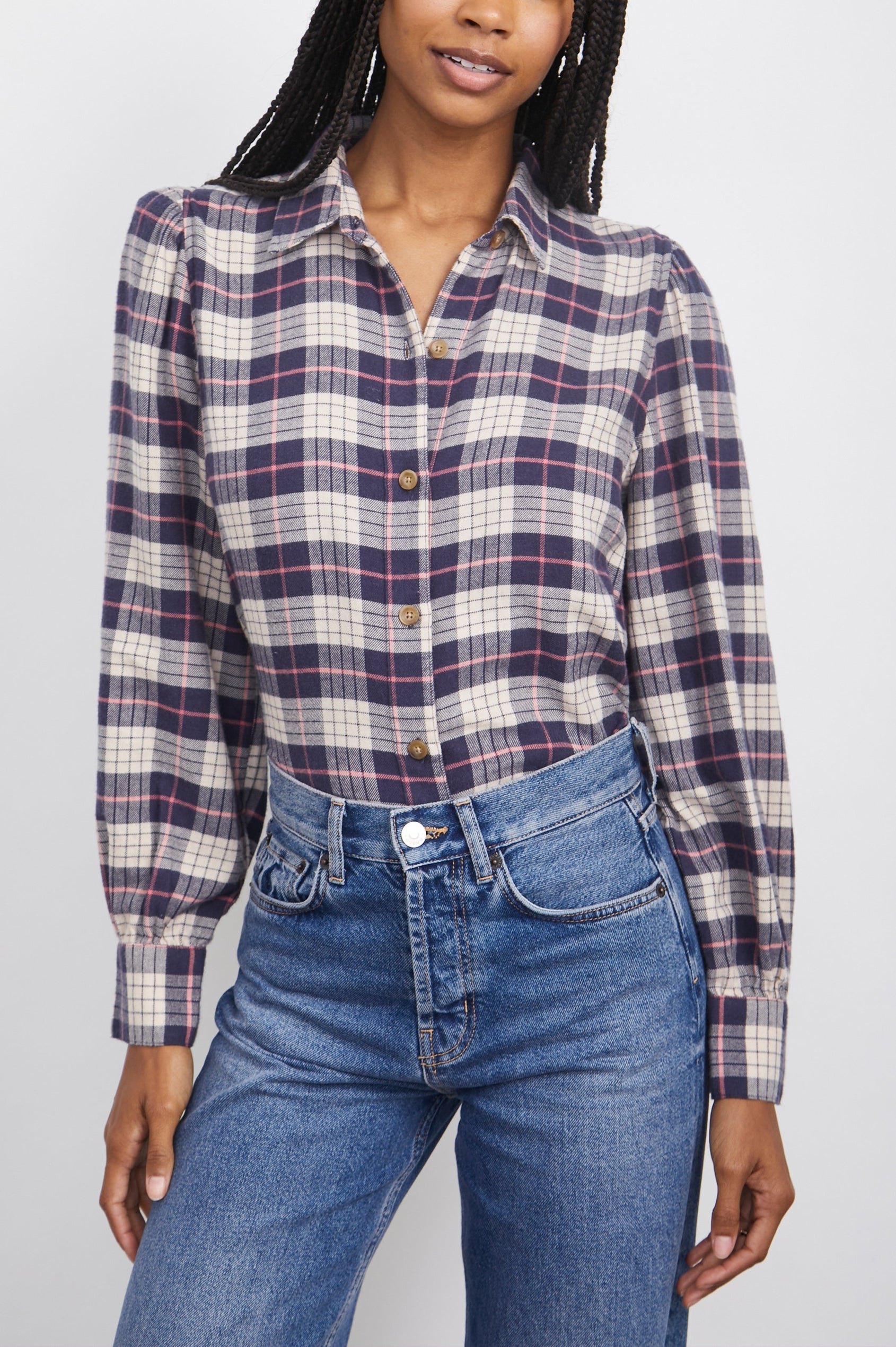 Angelica Long-Sleeve Denim Button Up with Shirring at Cuffs and Puff Sleeves in Almond Pink Navy Colorway, a Plaid - Front Tucked View Featured on Model