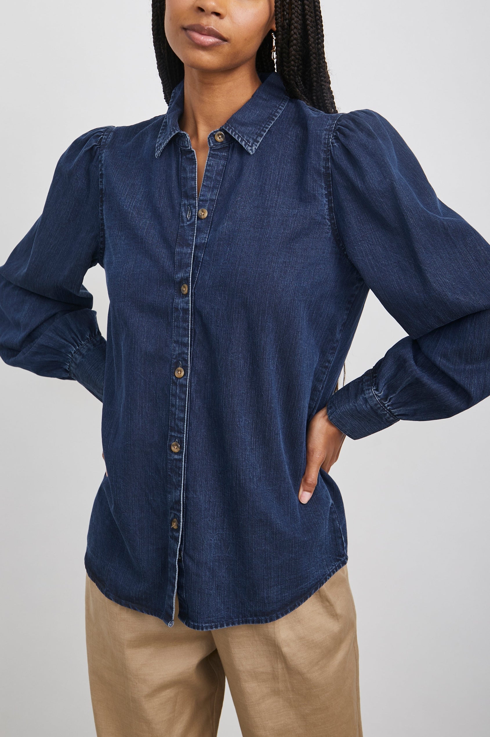 Angelica Long-Sleeve Denim Button Up with Shirring at Cuffs and Puff Sleeves in Dark Vintage Colorway - Front View Featured on Model