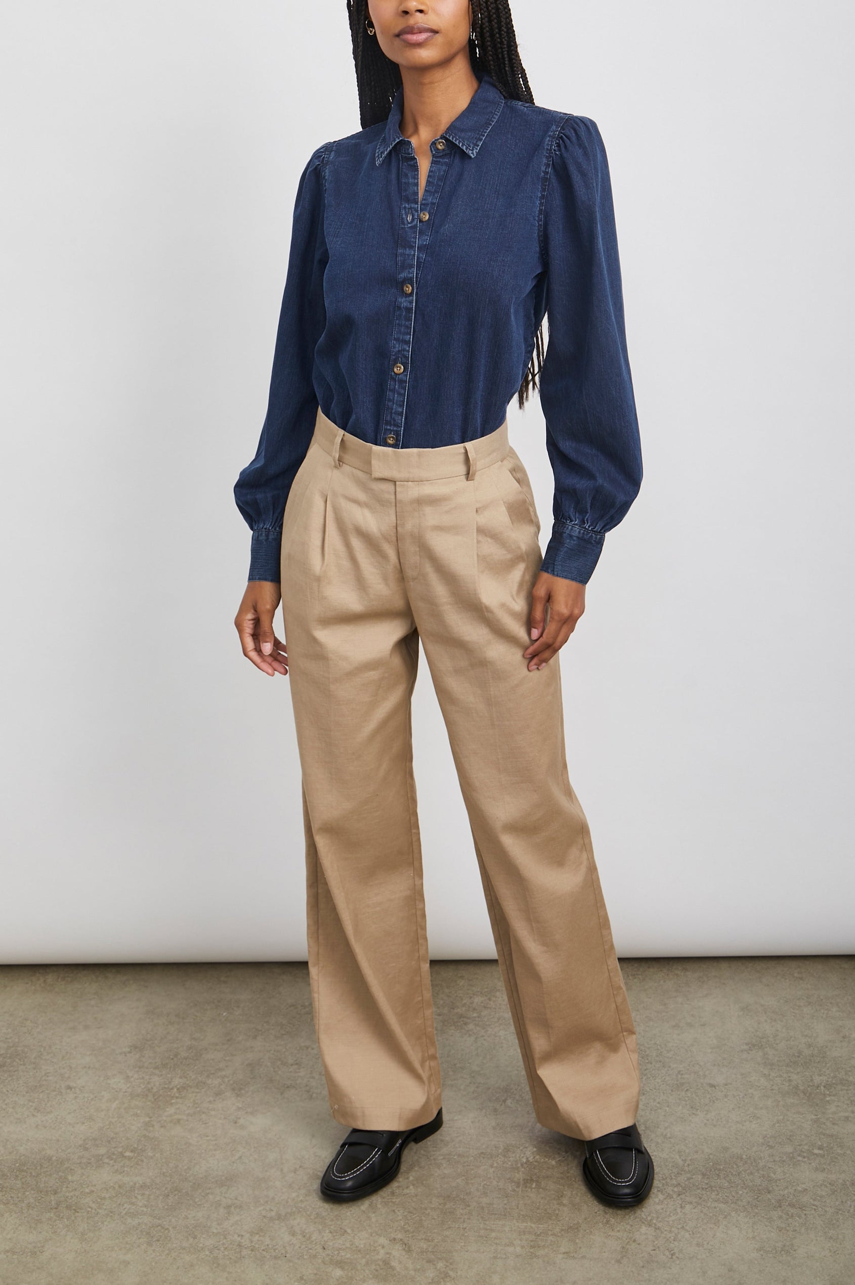 Angelica Long-Sleeve Denim Button Up with Shirring at Cuffs and Puff Sleeves in Dark Vintage Colorway - Front Tucked Full Body View Featured on Model