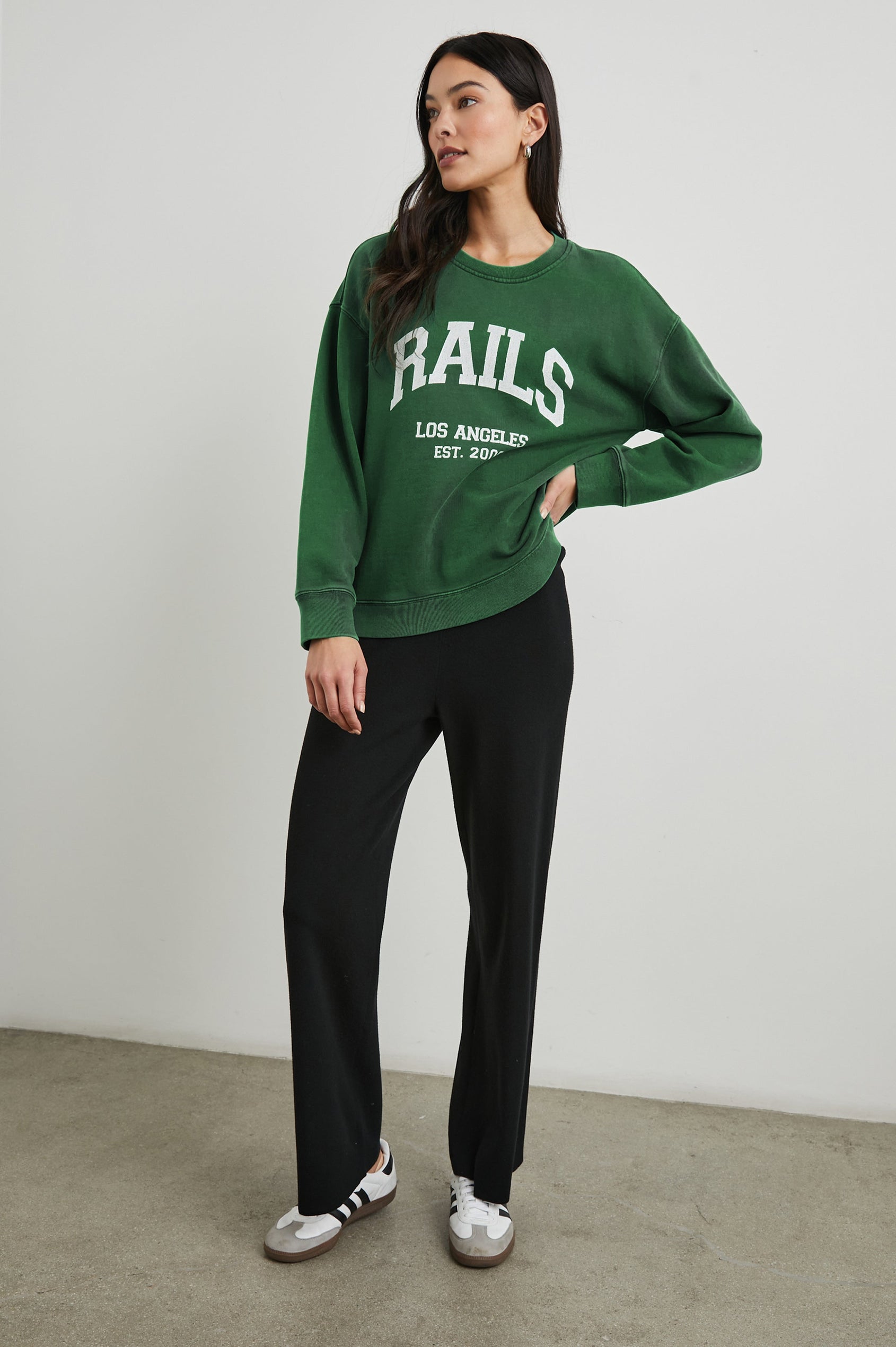 Anniversary Sweatshirt with Crewneck, Text States, Rails Los Angeles Est 2009, in Forest Colorway with White Letters - Front Full Body View Featured on Model