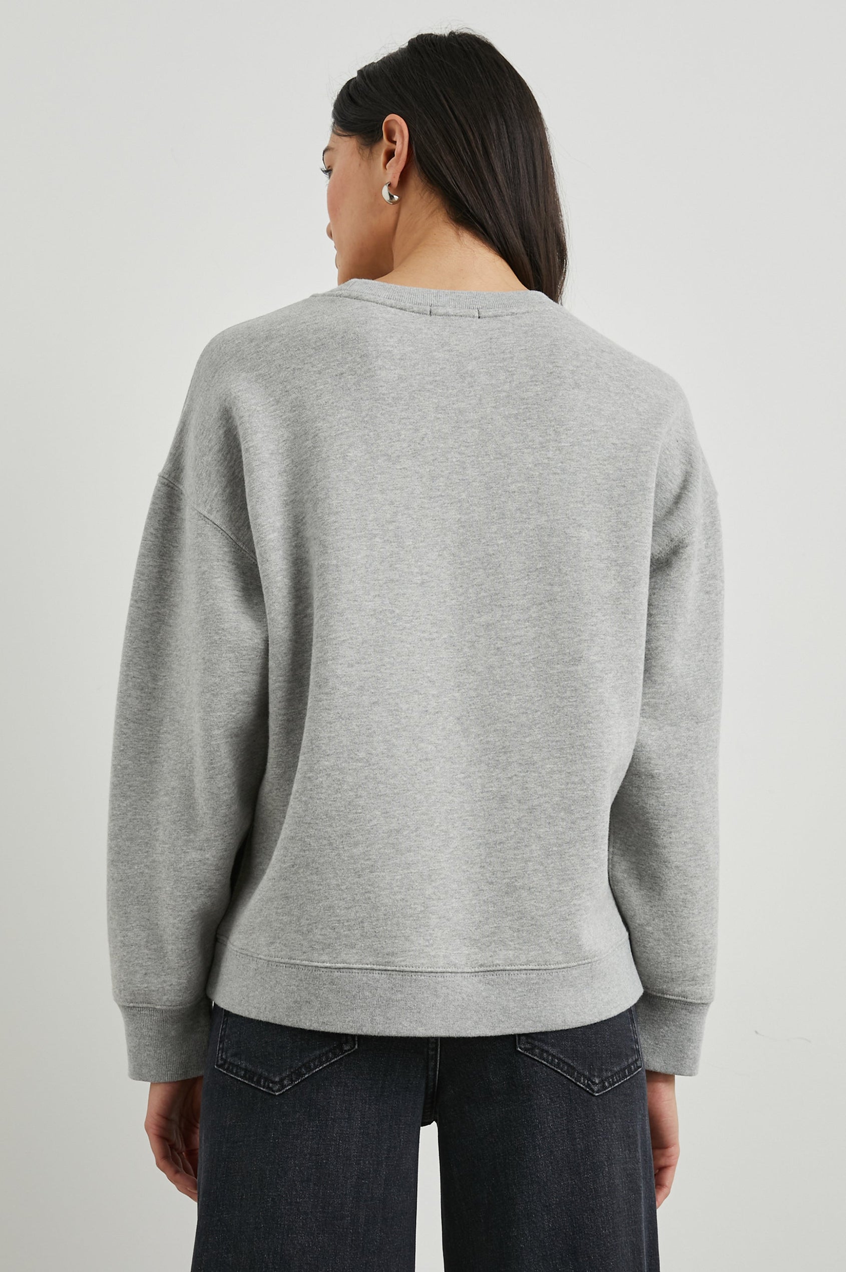 Anniversary Sweatshirt with Crewneck, Text States, Rails Los Angeles Est 2009, in Heather Grey Colorway with White Letters - Back View Featured on Model