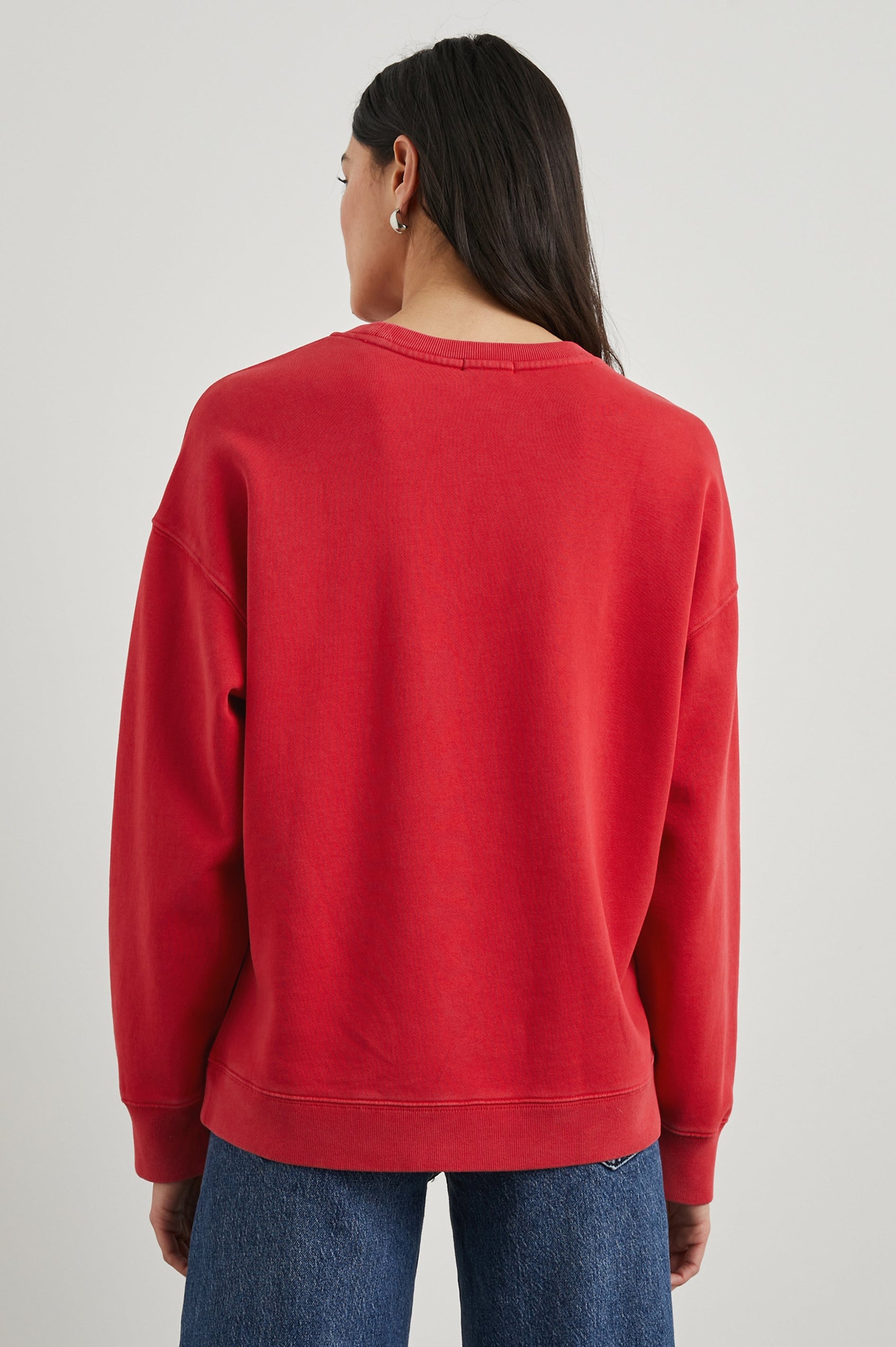 Anniversary Sweatshirt with Crewneck, Text States, Rails Los Angeles Est 2009, in Washed Red Colorway with White Letters - Back View Featured on Model