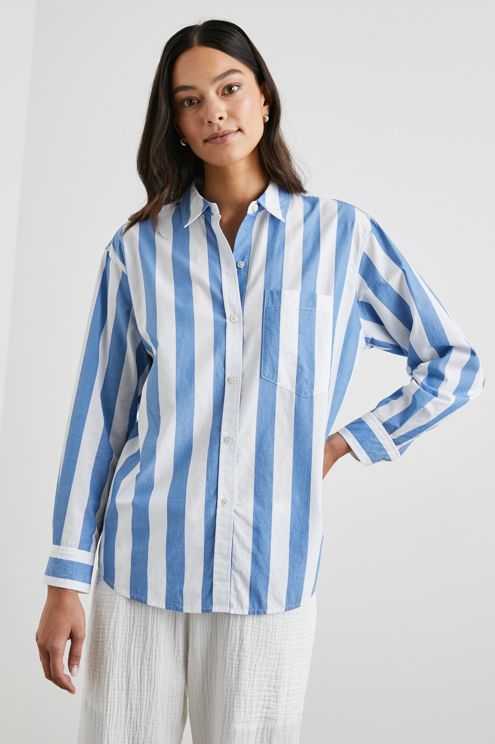 Arlo Long Sleeve Button Up with Chest Patch Pocket in Rue Stripe Colorway, vertical blue and white stripes - Front View Featured on Model