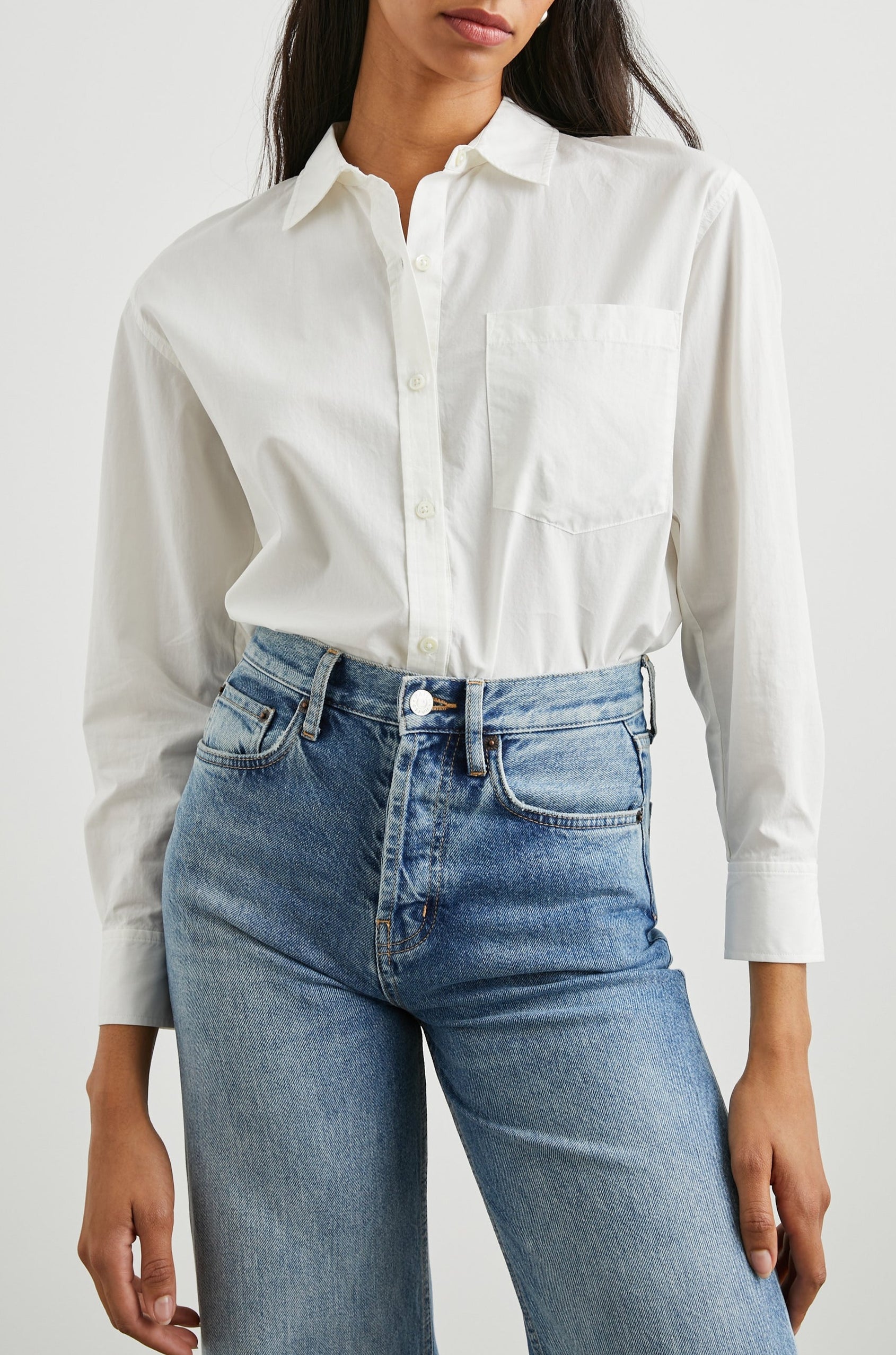 Arlo Long Sleeve Button Up with Chest Patch Pocket in White Colorway - Front Tucked View Featured on Model