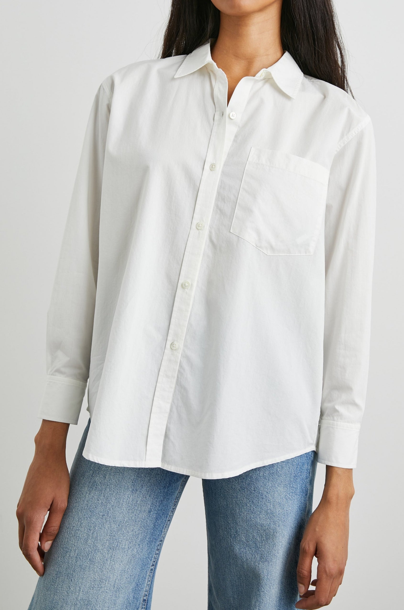 Arlo Long Sleeve Button Up with Chest Patch Pocket in White Colorway - Front View Featured on Model