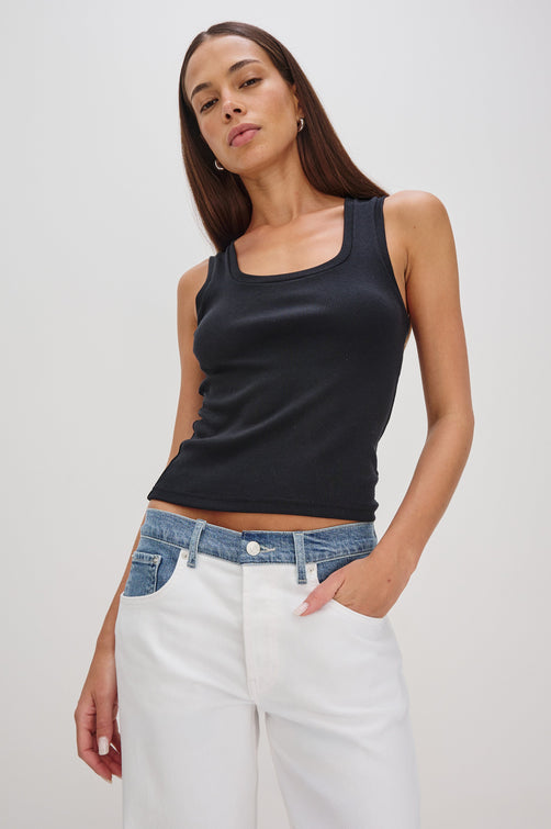 Bobbie Square Neck Tank with Wide Straps in Black Colorway. Front View Shown on Model.
