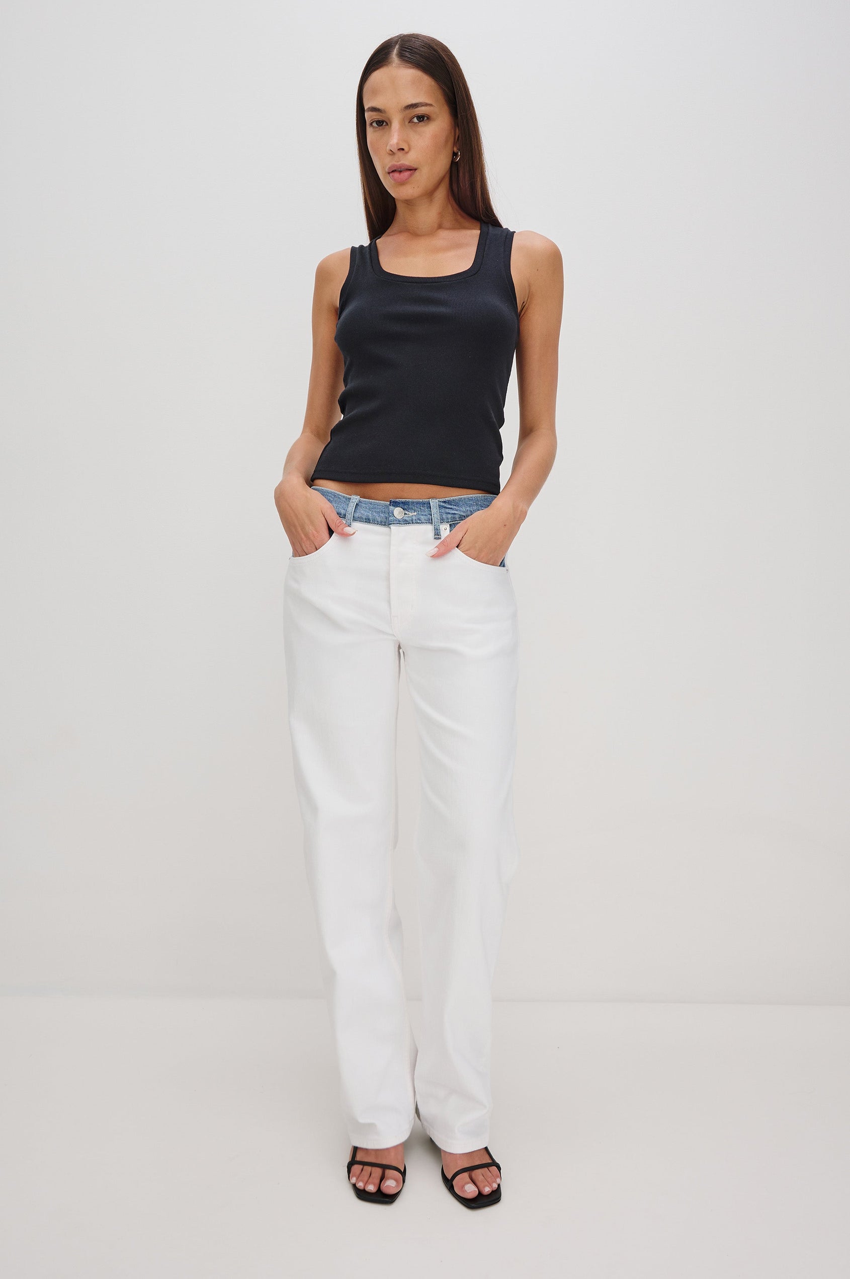 Bobbie Square Neck Tank with Wide Straps in Black Colorway. Full Body Front View Shown on Model.