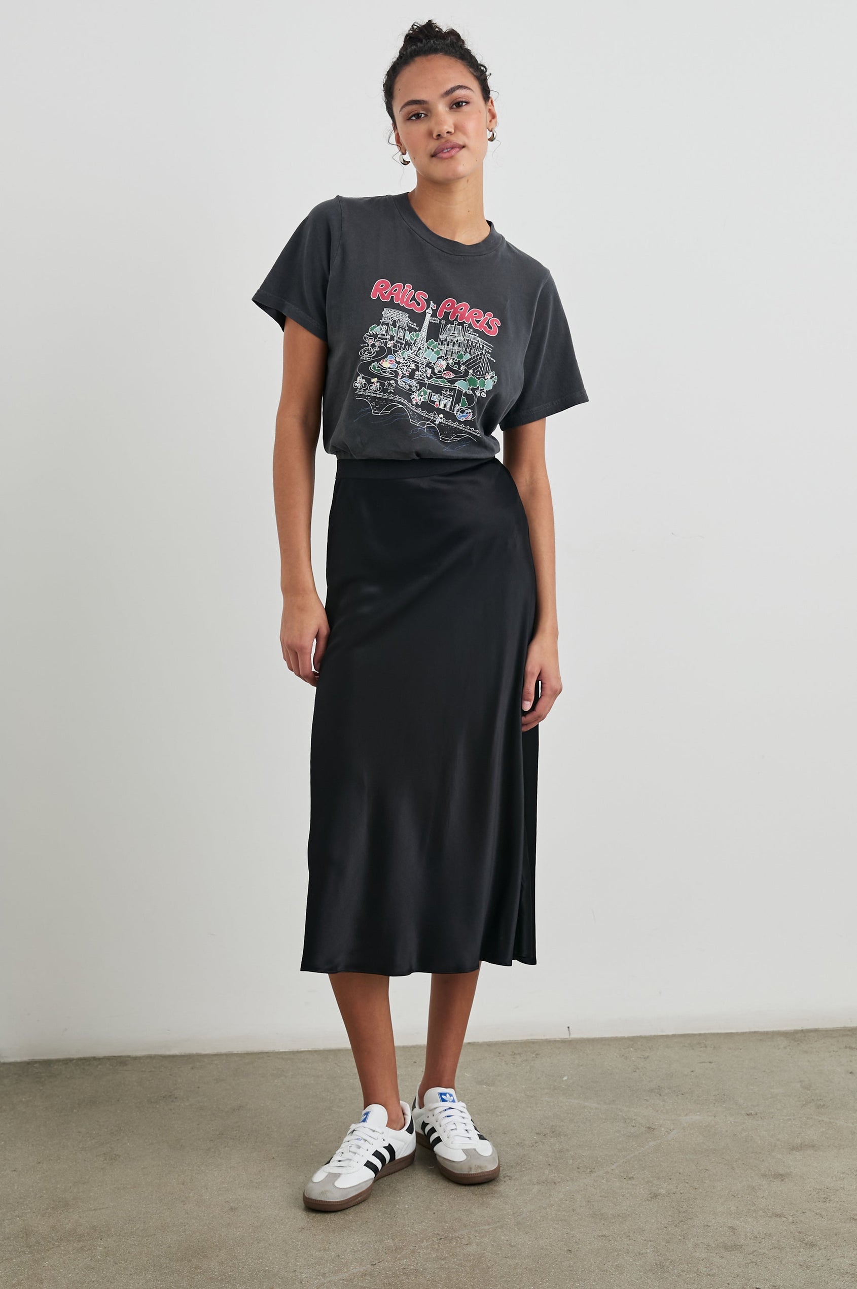 Boyfriend T-Shirt with a Crew Neck, Paris Images and the text, Rails Paris in Rails Paris Colorway, with text and images in mostly Pink and white on Black - Front Full Body View Featured on Model
