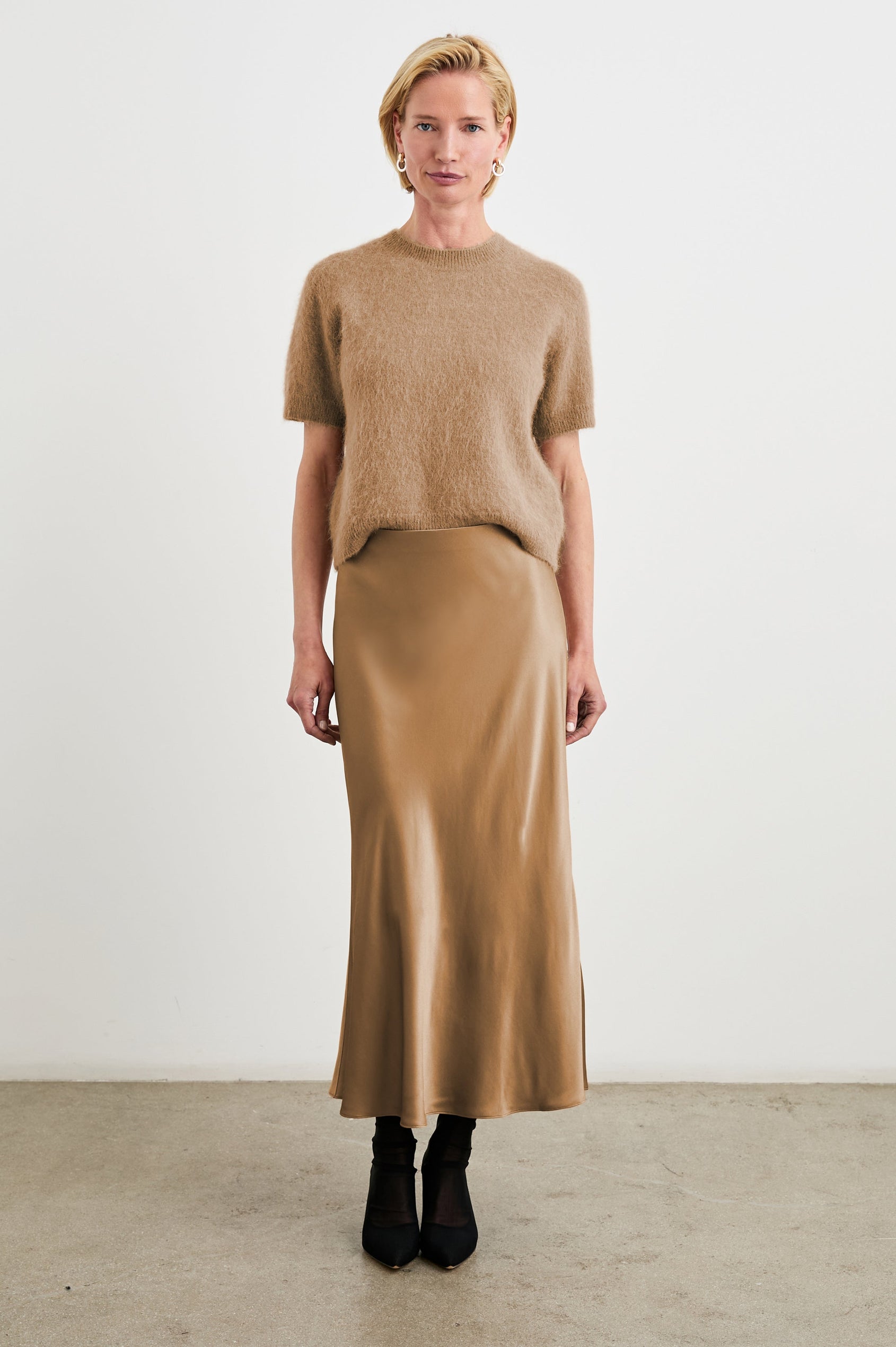 Briar Short-Sleeve Top with a Crew Neck and Ribbed Trim in Camel Colorway - Front Full Body View Featured on Model