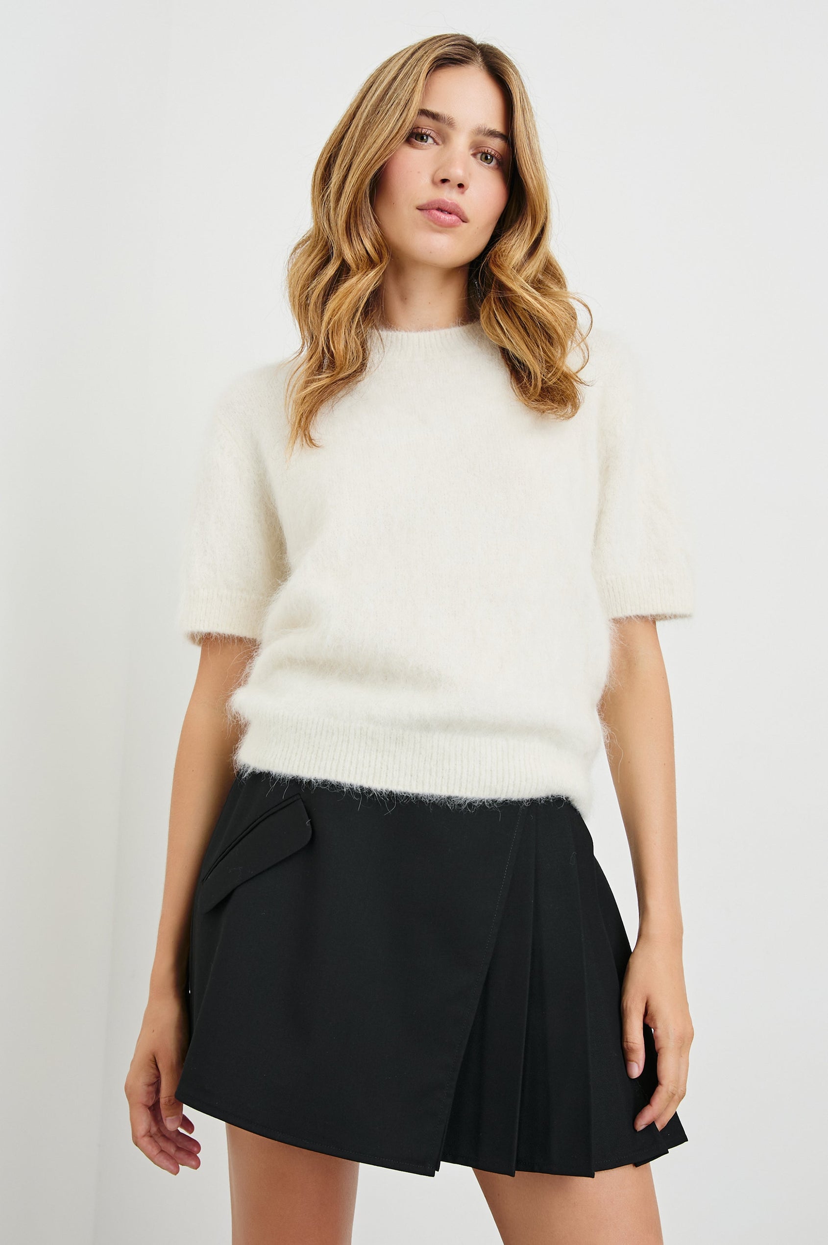 Briar Short-Sleeve Top with a Crew Neck and Ribbed Trim in White Colorway - Front View Featured on Model