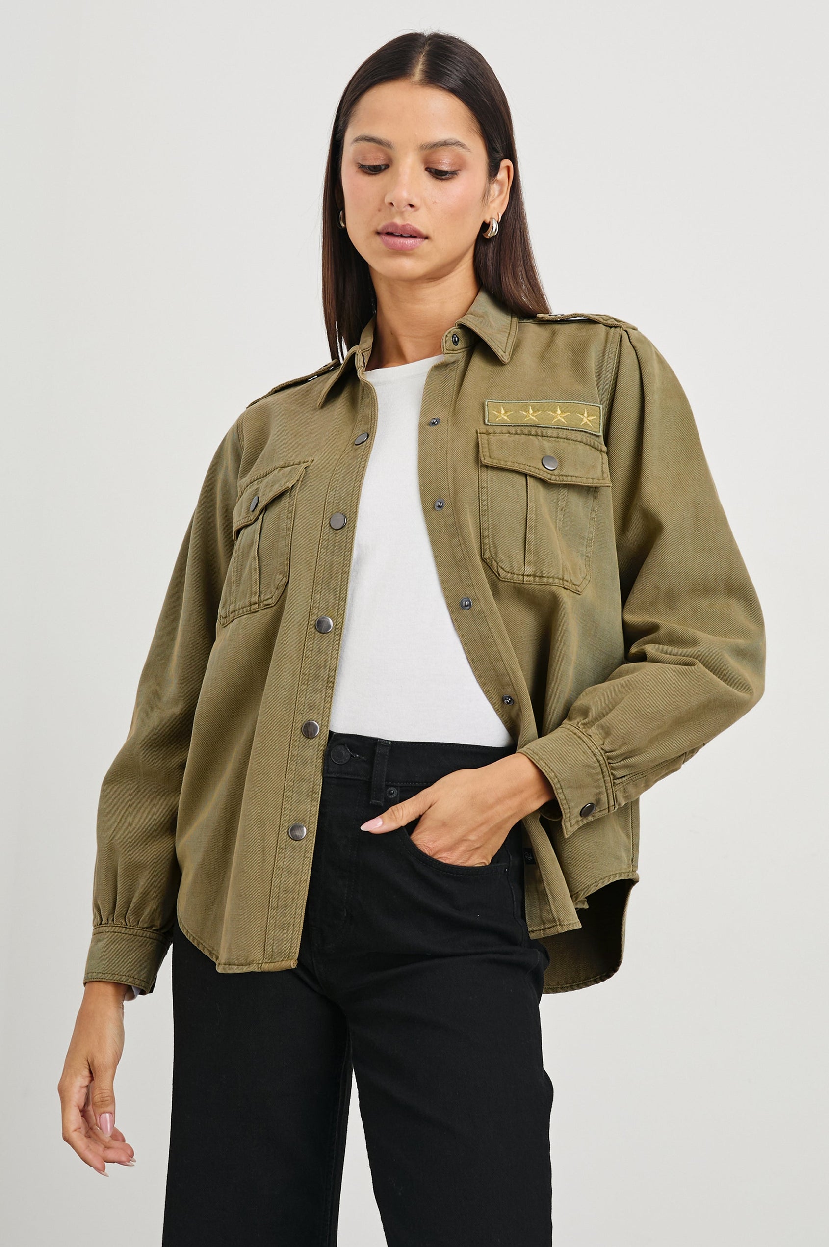 Cameron Jacket with Snap Closure, Two Chest Snap Flap Pockets, Snap Shoulder Straps, and Four Embroidered Stars Above the Left Chest Pocket in Canteen Colorway - Front View Featured on Model