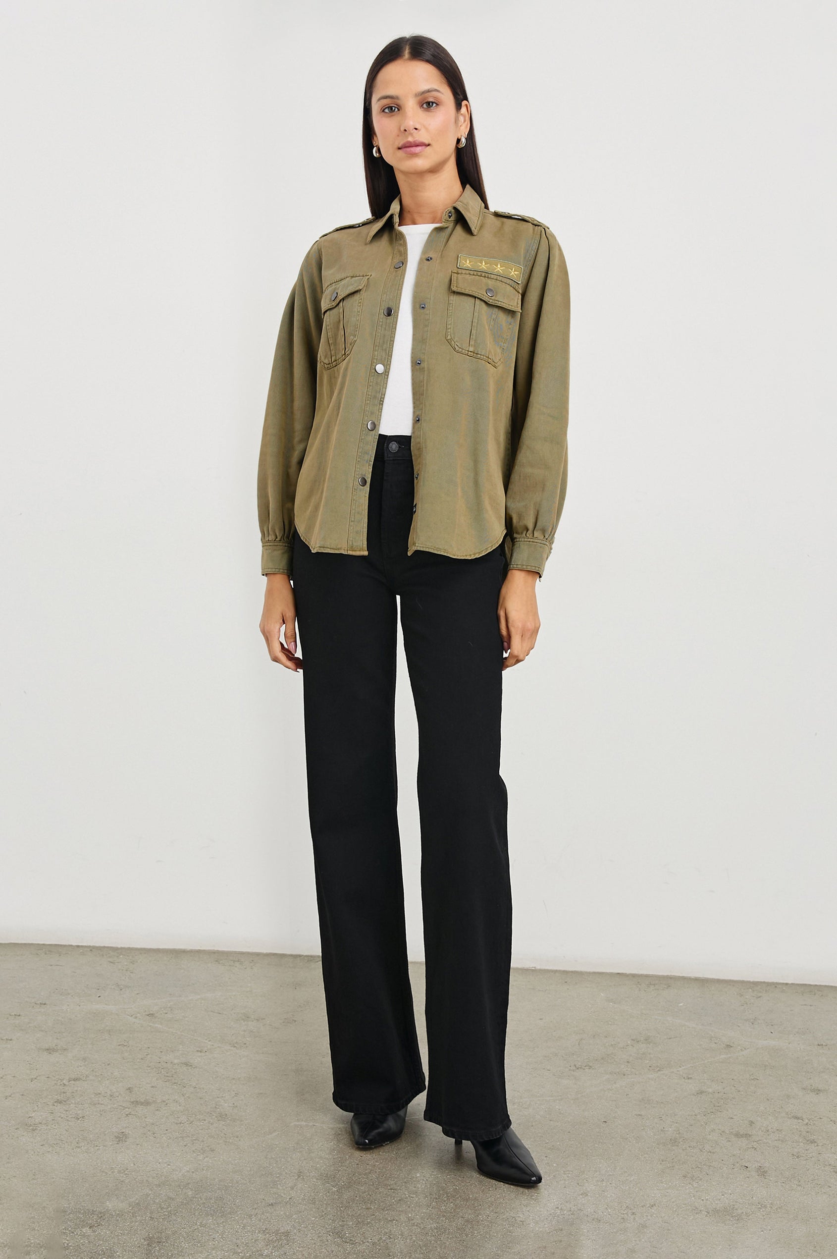 Cameron Jacket with Snap Closure, Two Chest Snap Flap Pockets, Snap Shoulder Straps, and Four Embroidered Stars Above the Left Chest Pocket in Canteen Colorway - Front Full Body View Featured on Model