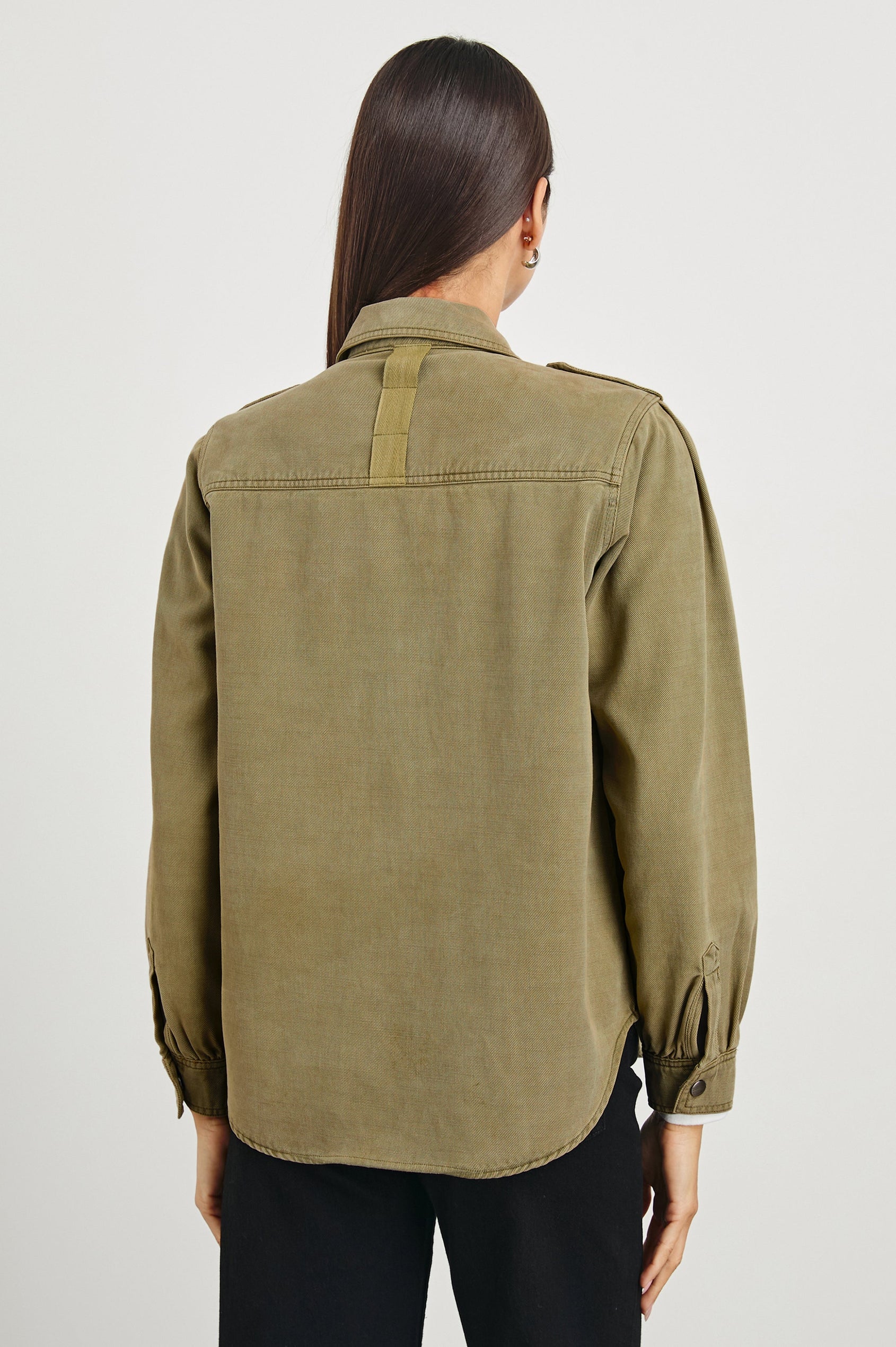 Cameron Jacket with Snap Closure, Two Chest Snap Flap Pockets, Snap Shoulder Straps, and Four Embroidered Stars Above the Left Chest Pocket in Canteen Colorway - Back View Featured on Model