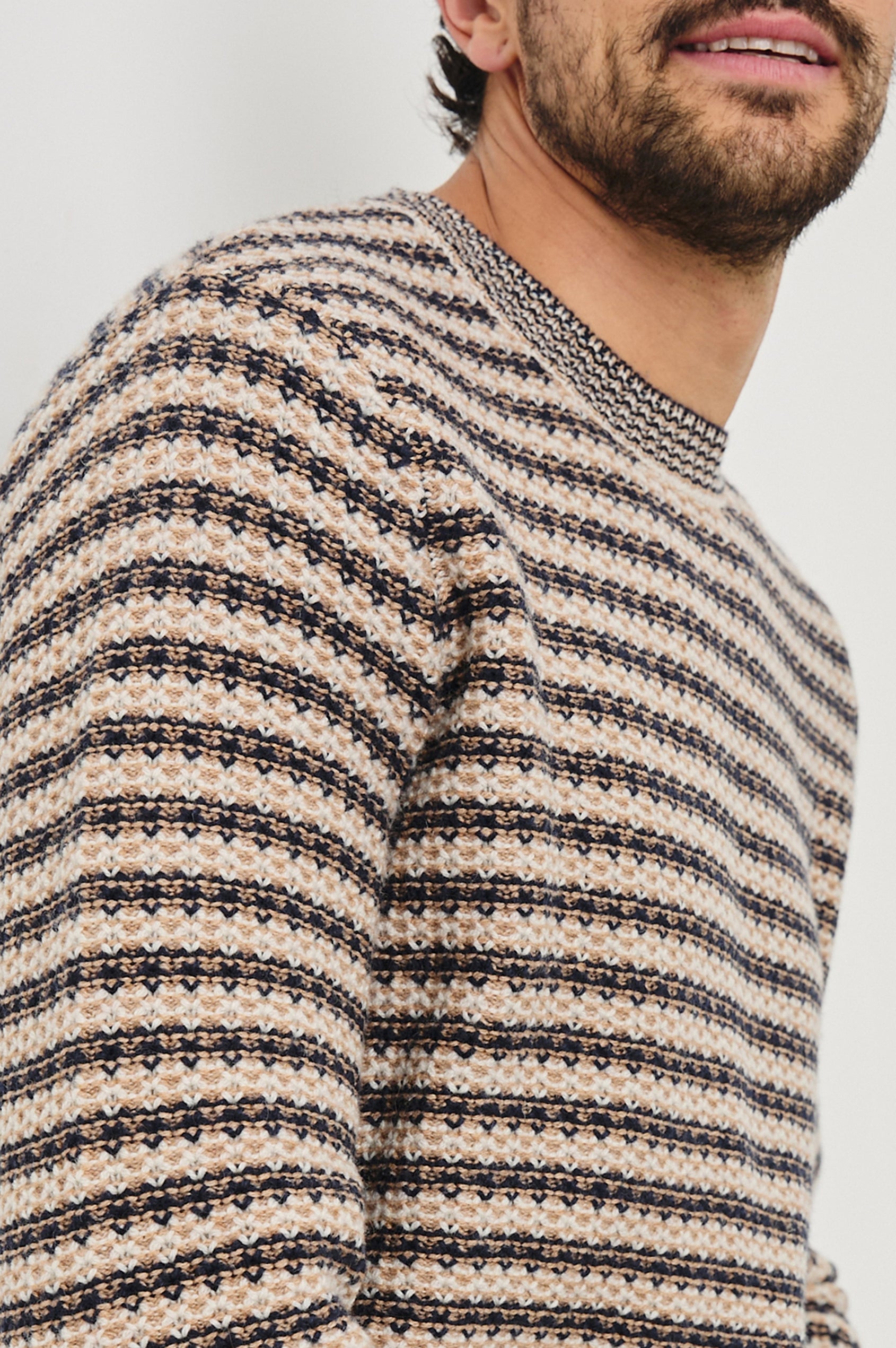Carrick Long-Sleeve Sweater with a Crew Neck, Honeycomb Stitch, and Ribbed Trim in Navy Oat Stripe Colorway, Horizontal stripes - Front View Featured on Model