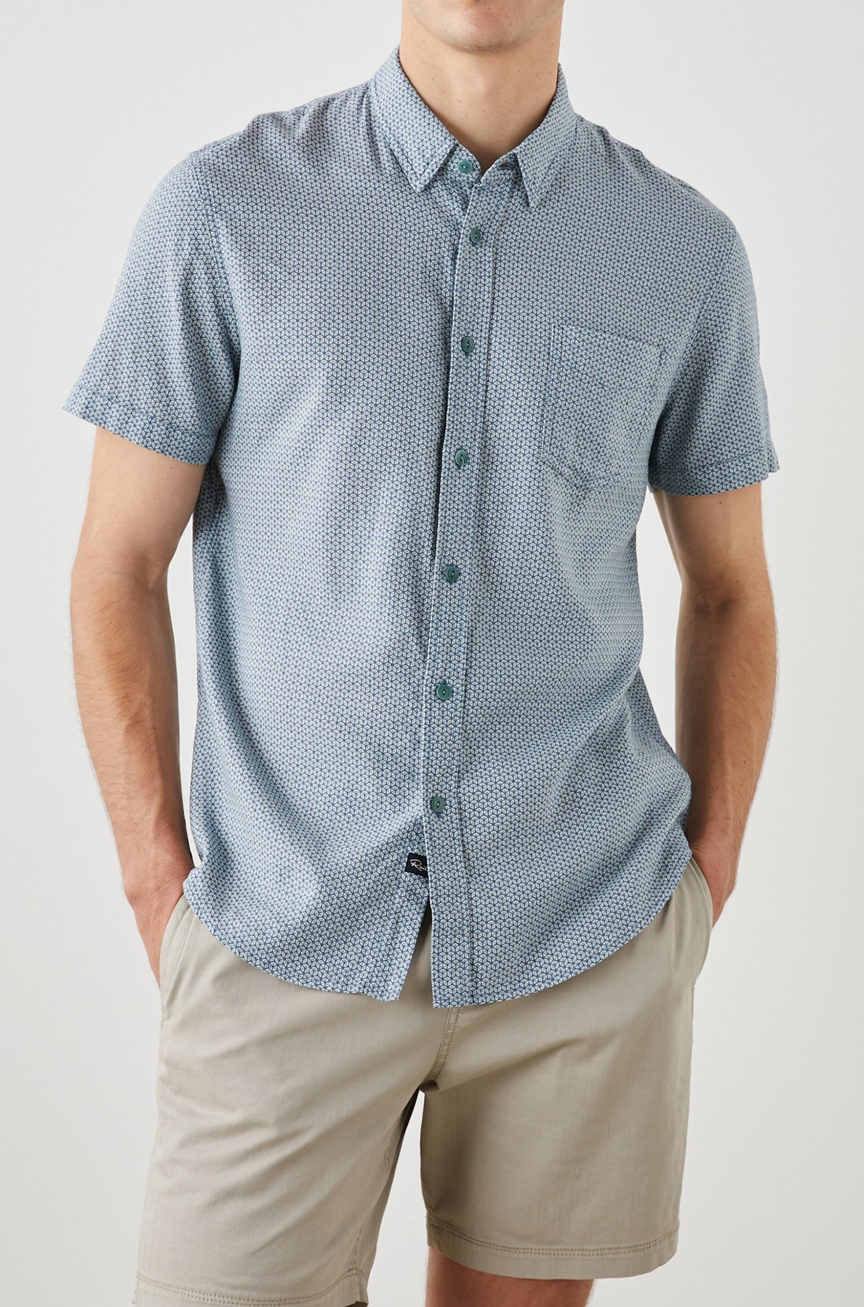 CARSON FRESCO NAVY INDIGO SHIRT - FRONT BOTH HANDS IN POCKETS