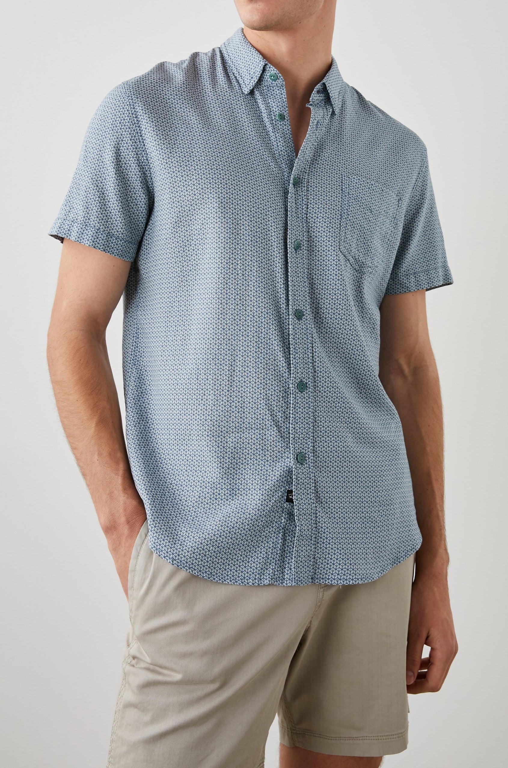 CARSON FRESCO NAVY INDIGO SHIRT - FRONT ONE HAND IN POCKET