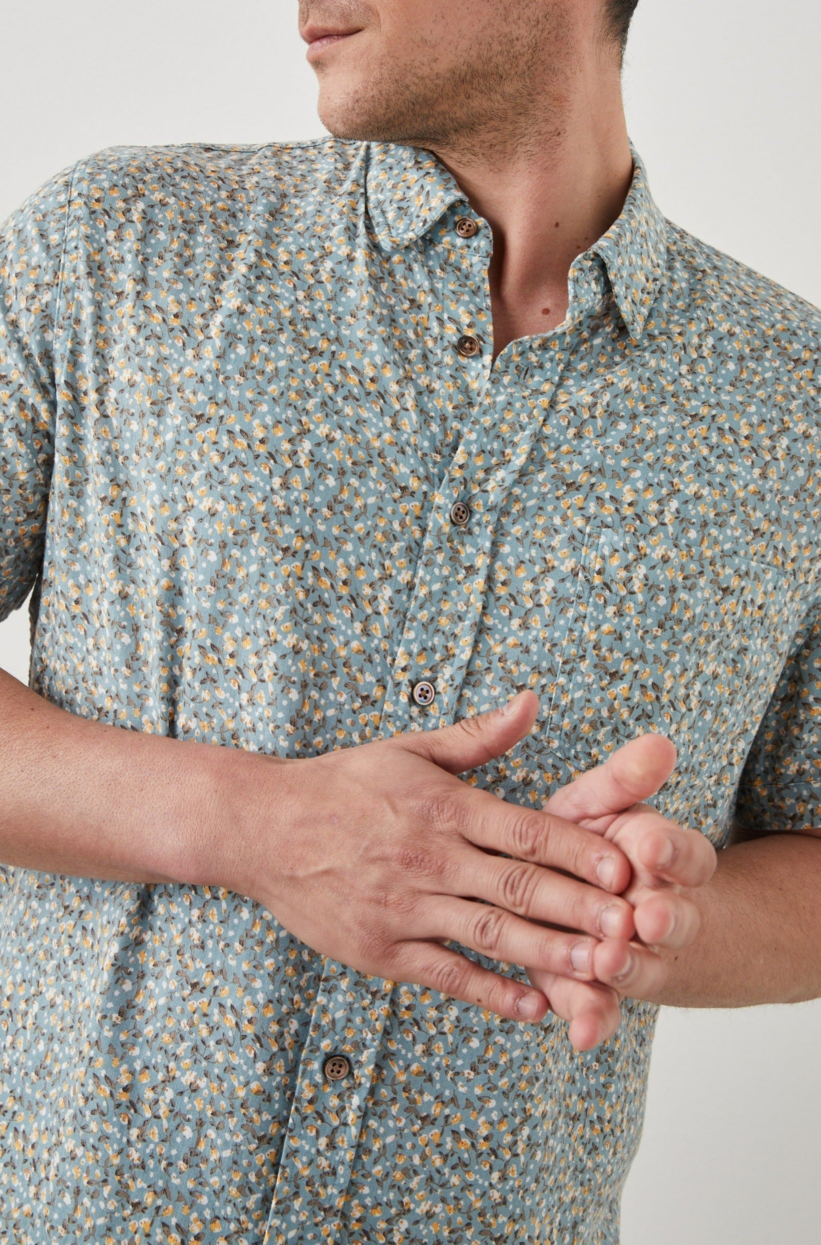 Carson Spring Blossom Teal Creamsicle Shirt - Front arms crossed