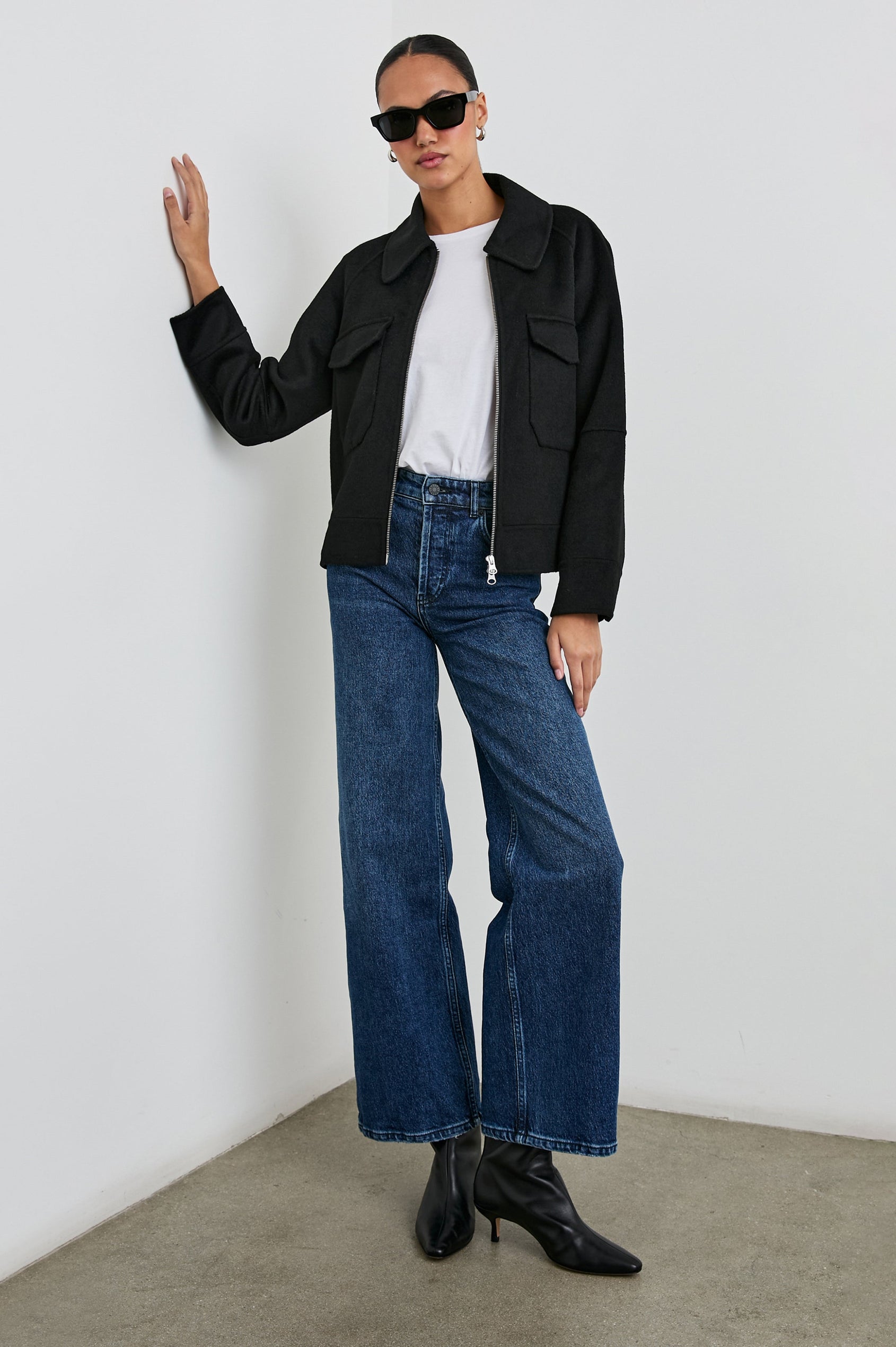 Cheyenne Zip-Up Jacket with Two Chest Flap Pockets and Dual Zipper in Black Colorway - Front Full Body View Featured on Model
