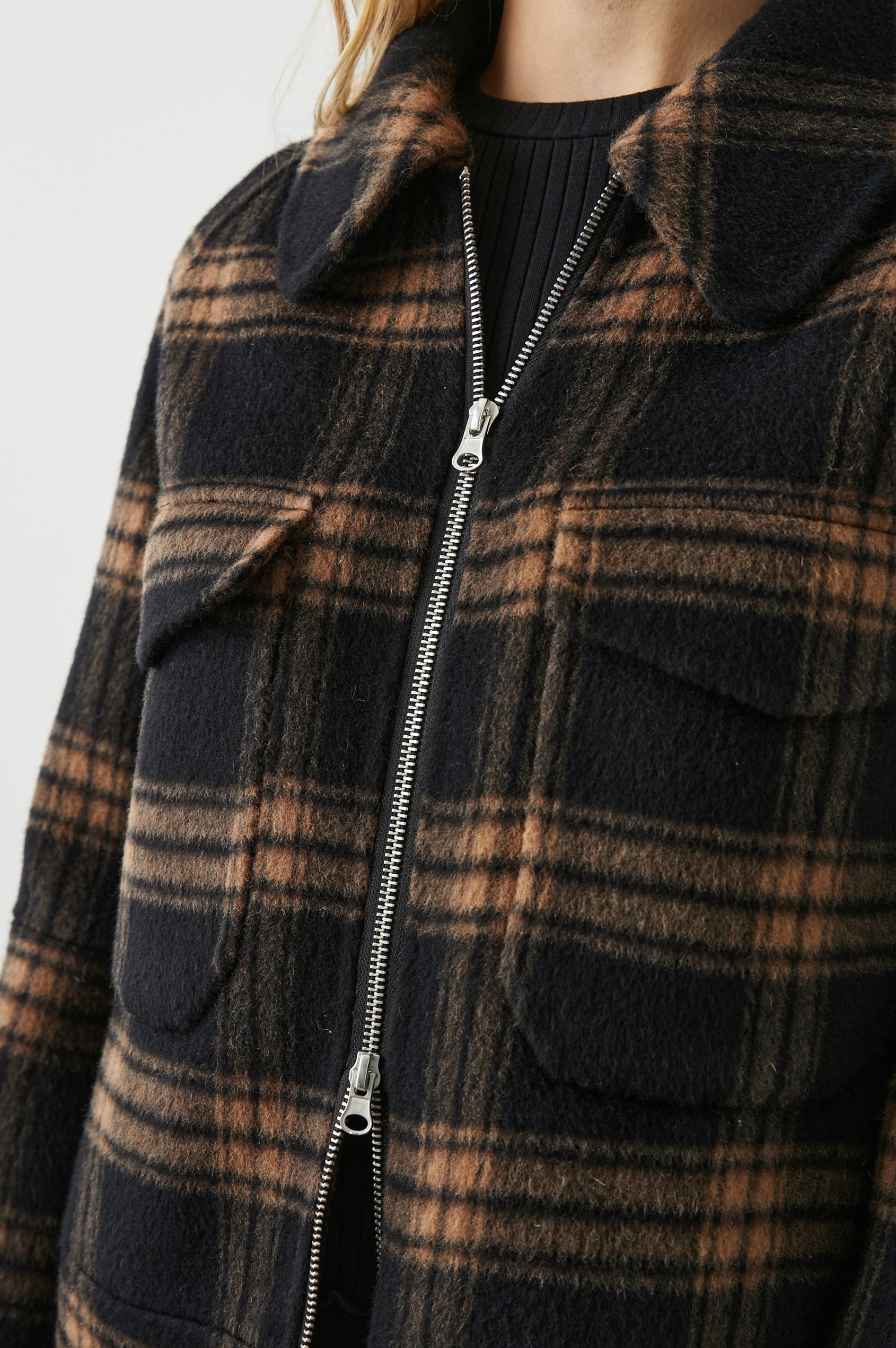 Cheyenne Zip-Up Jacket with Two Chest Flap Pockets and Dual Zipper in Camel Jet Colorway, a plaid - Front View Featured on Model