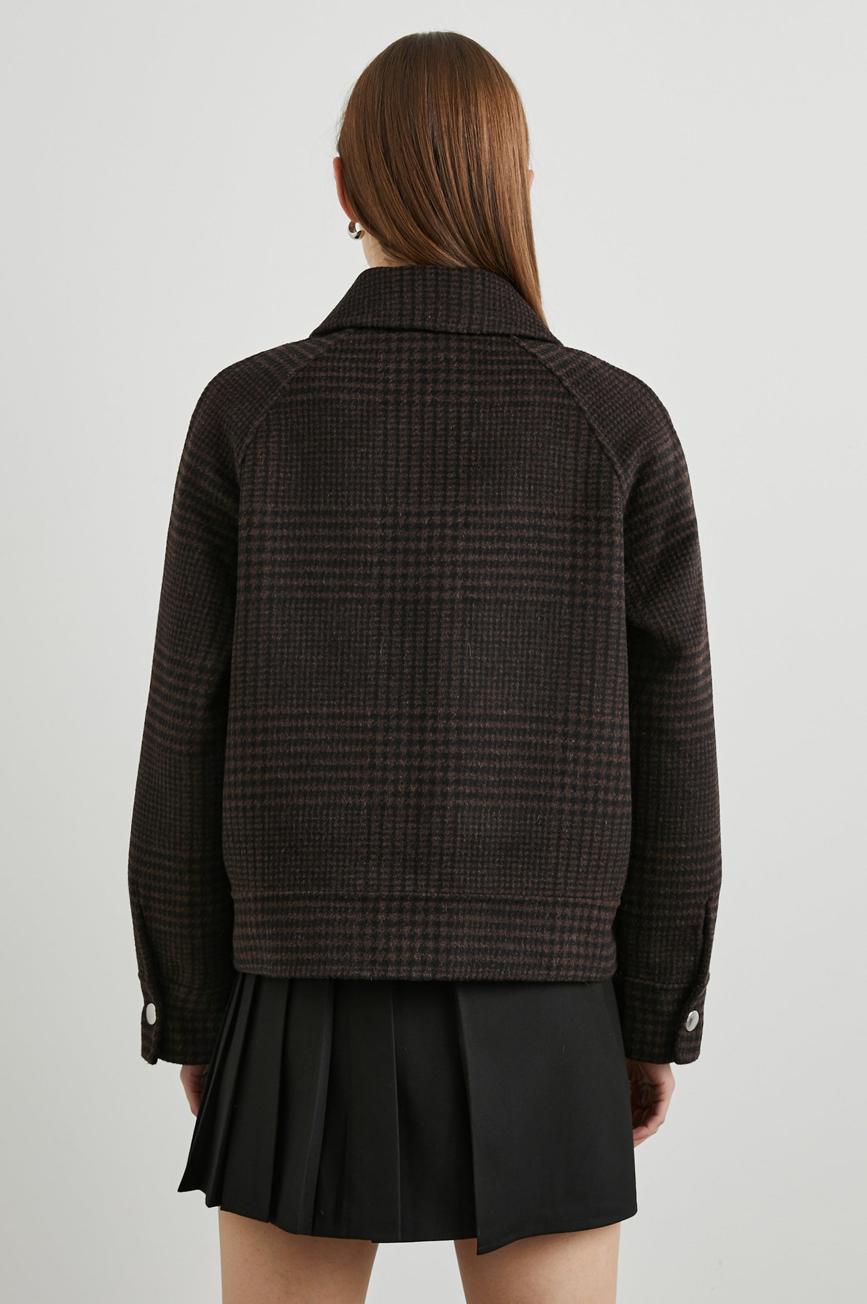Cheyenne Zip-Up Jacket with Two Chest Flap Pockets, and Two Zippers in Espresso Houndstooth Colorway - Back View Featured on Model