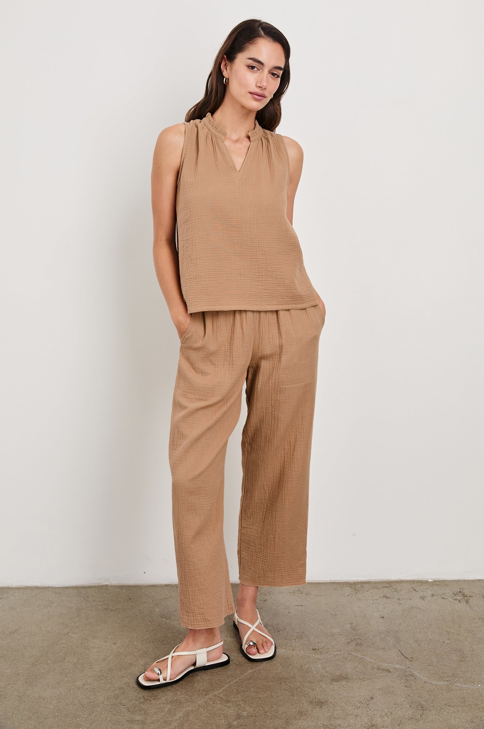 Christy Cotton Gauze Sleeveless Top with Collared V-Neck In Colorway Taupe- Full Front Body View Untucked Featured On Model