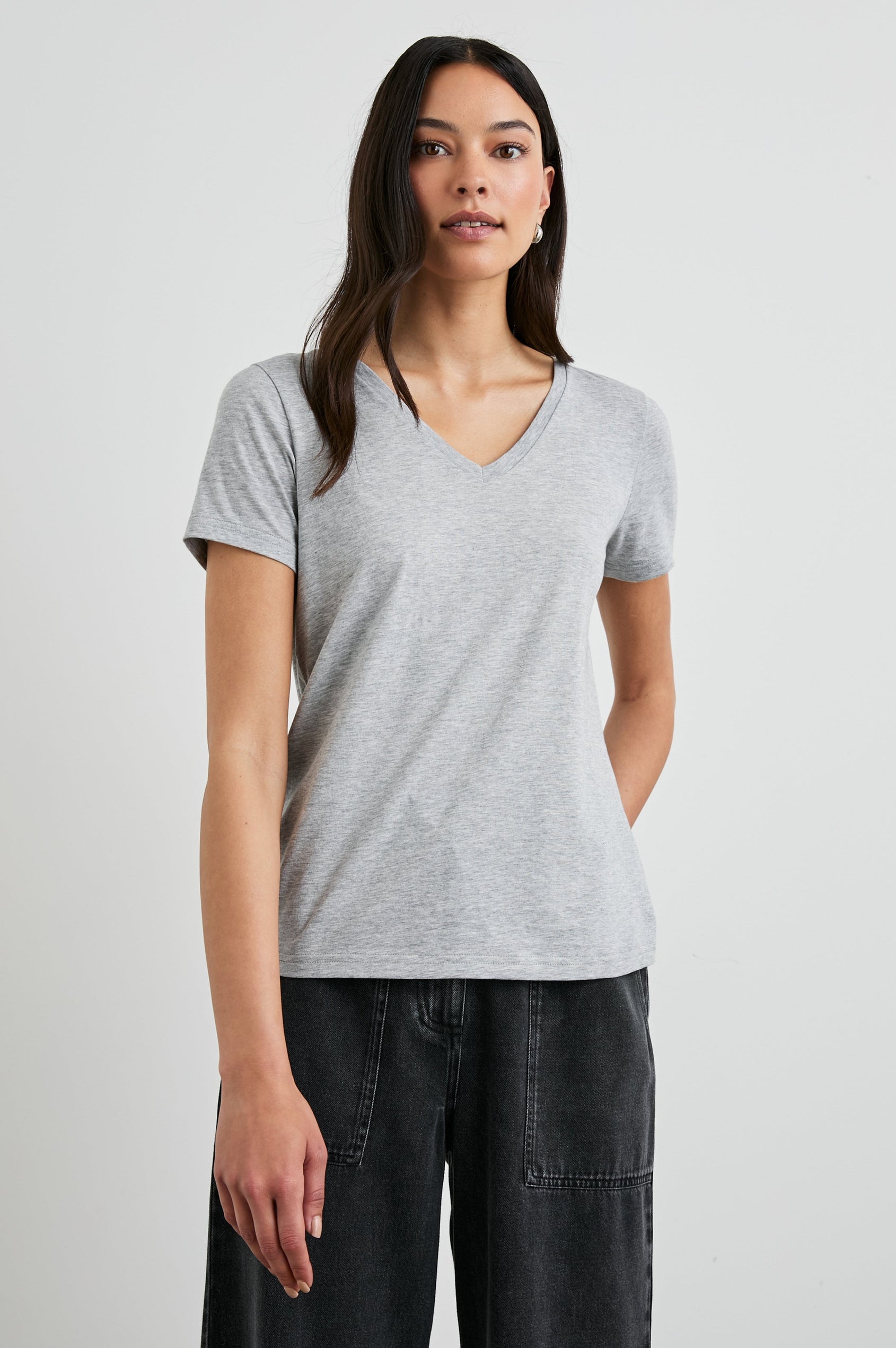 Classic Short Sleeve V Neck T-Shirt in Heather Grey Colorway - Front View Featured on Model
