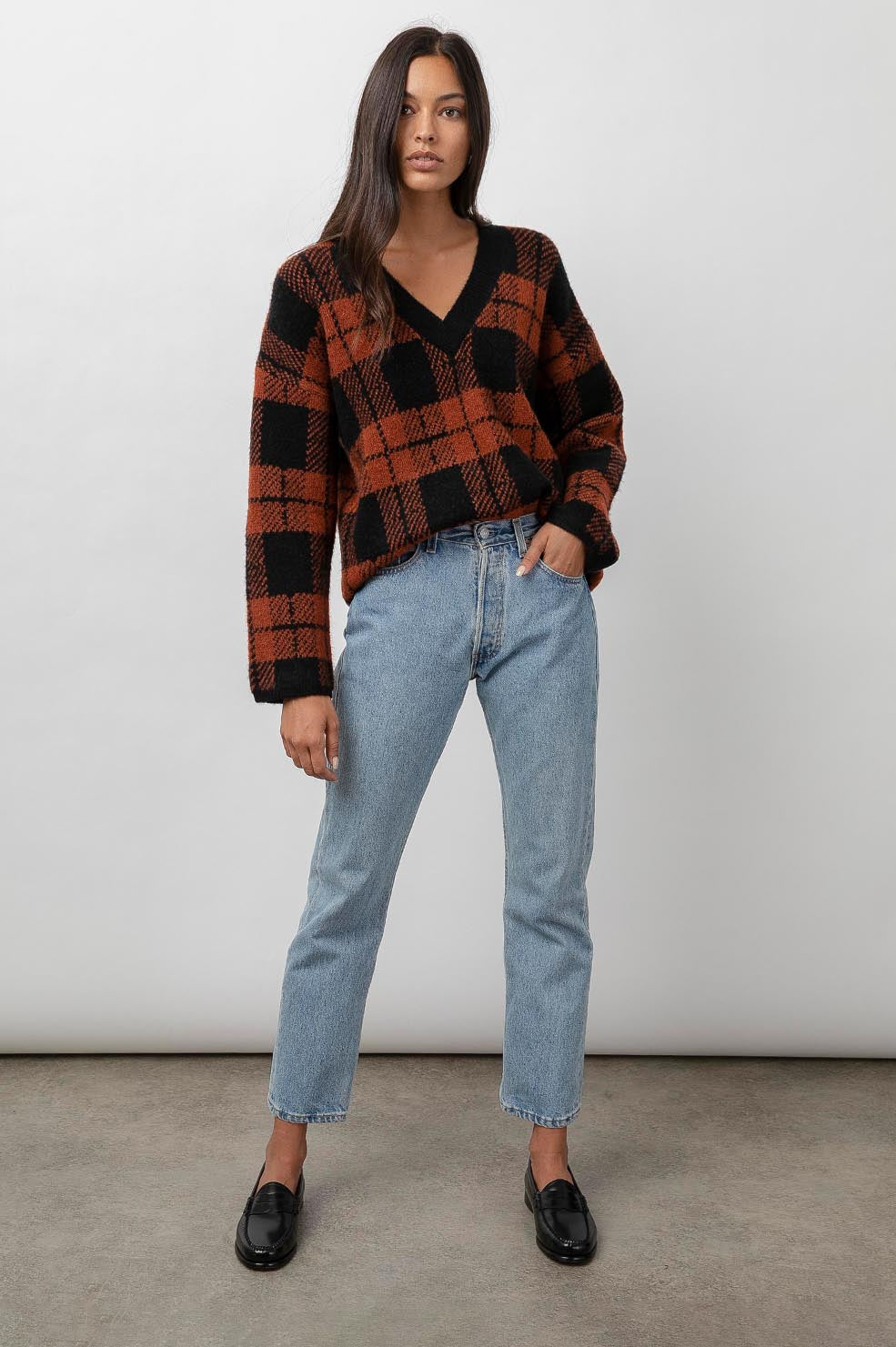 COLLEEN SWEATER - RUST BLACK PLAID
