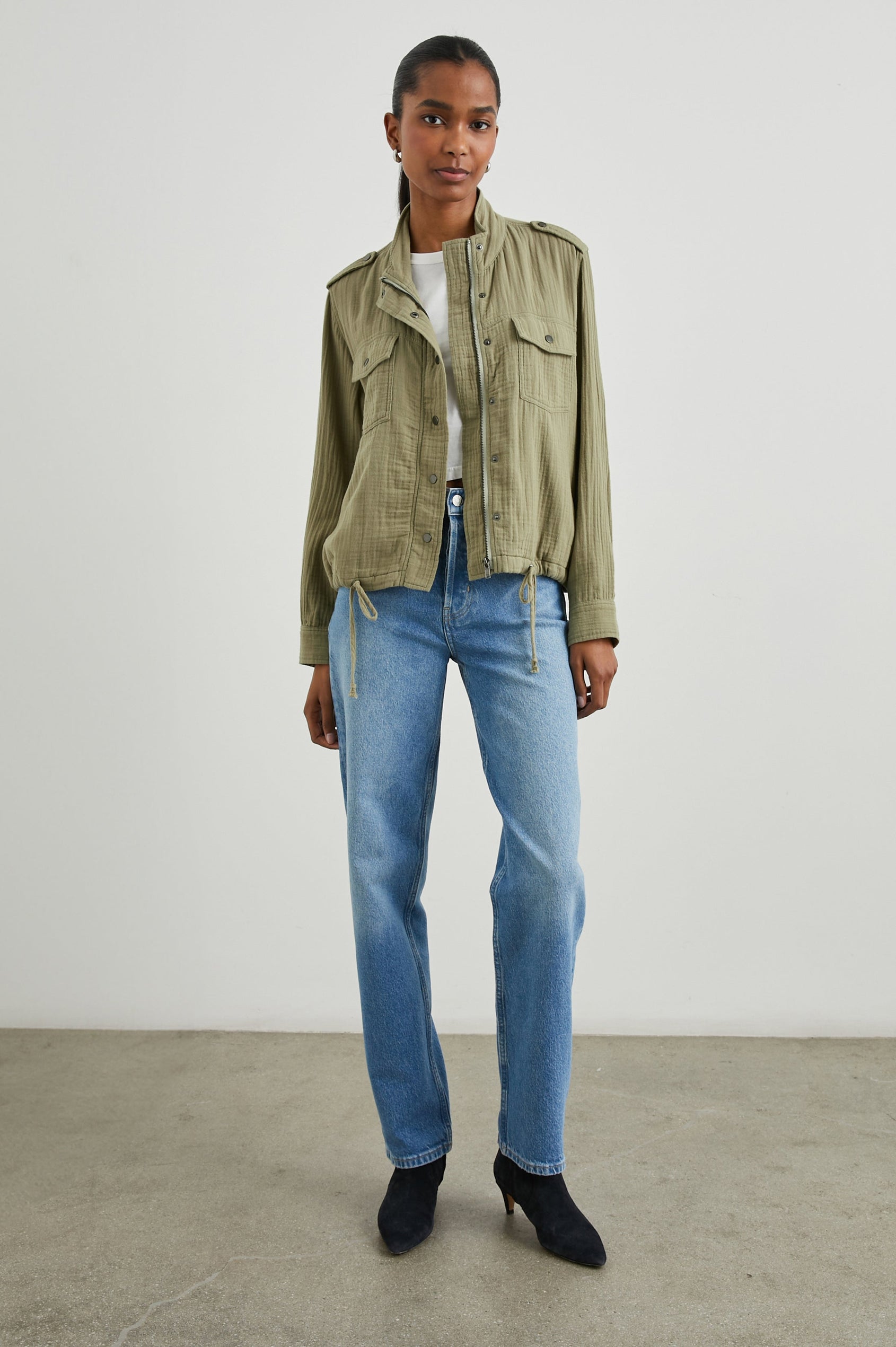 Collins Jacket with Zip and Snap Closure, Two Chest Snap Flap Pockets, Toggle Drawstring Hem, Snap Shoulder Straps and a Breathable Back Flap in Gauze Mermaid Colorway - Front Full Body View Featured on Model