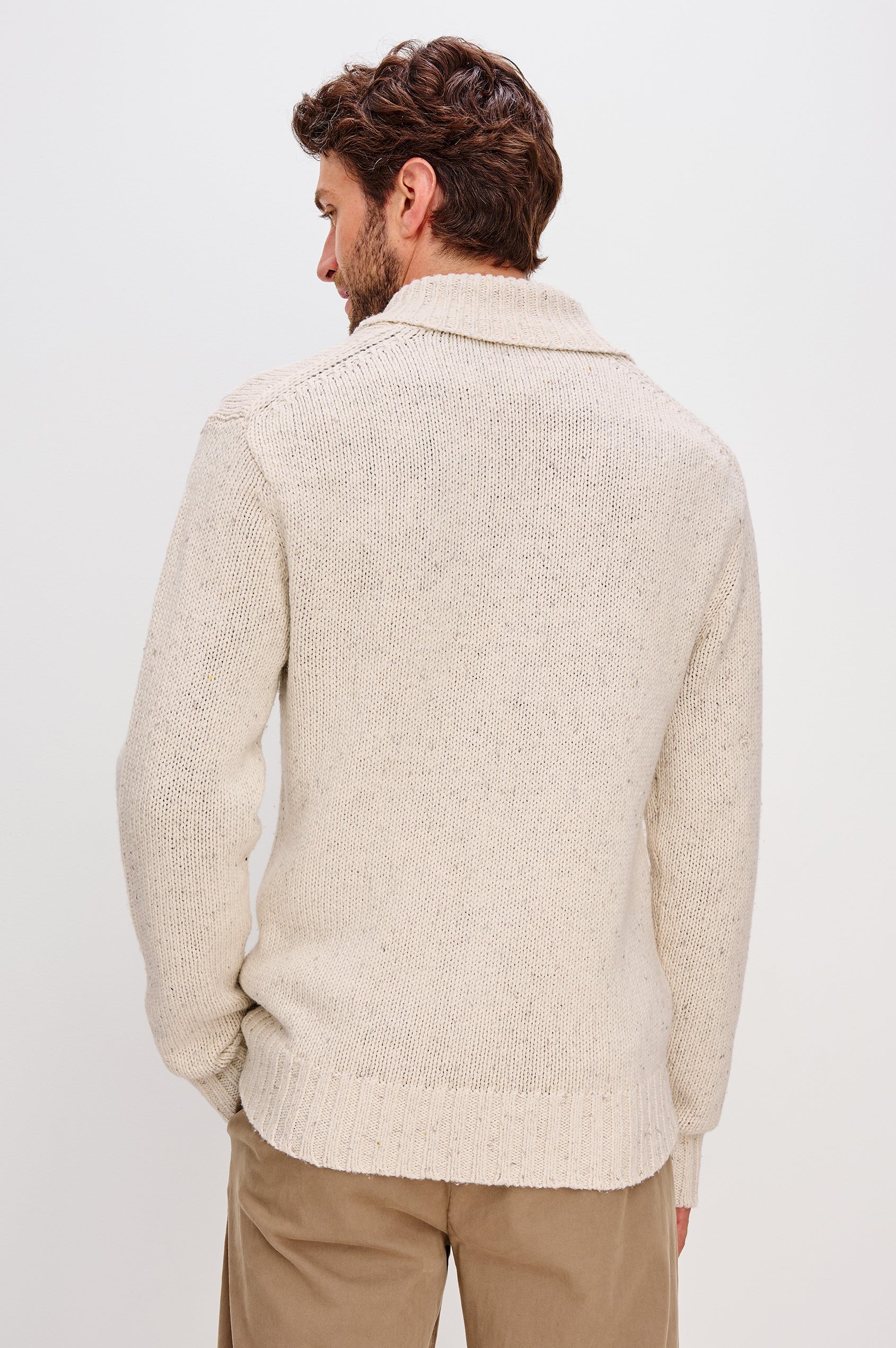 Corden Long-Sleeve Cardigan with Button Closure, a Shawl Collar and Ribbed Trim Halite Speckle - Back View Featured on Model