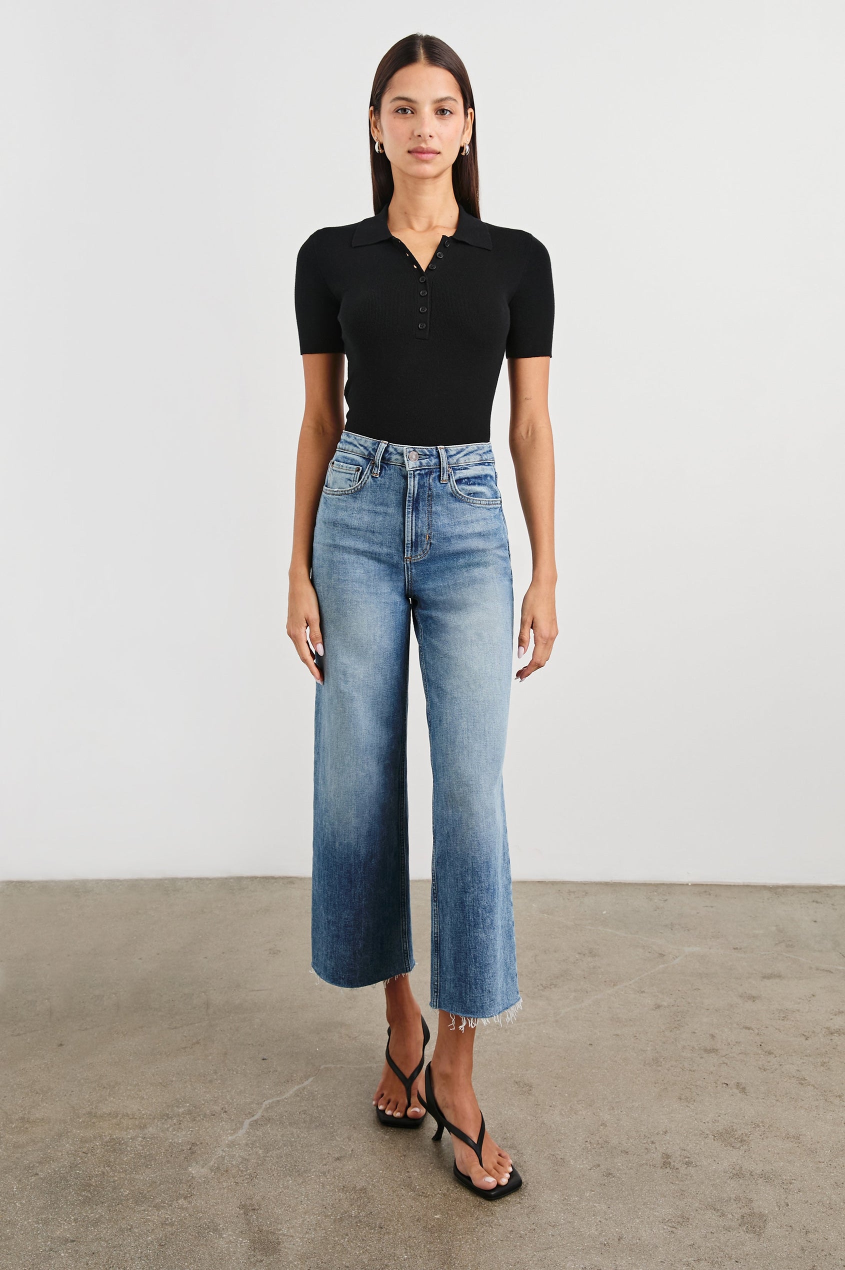 Court Polo Ribbed Knit Short Sleeve Top In Colorway Black - Full Front Body View Featured On Model