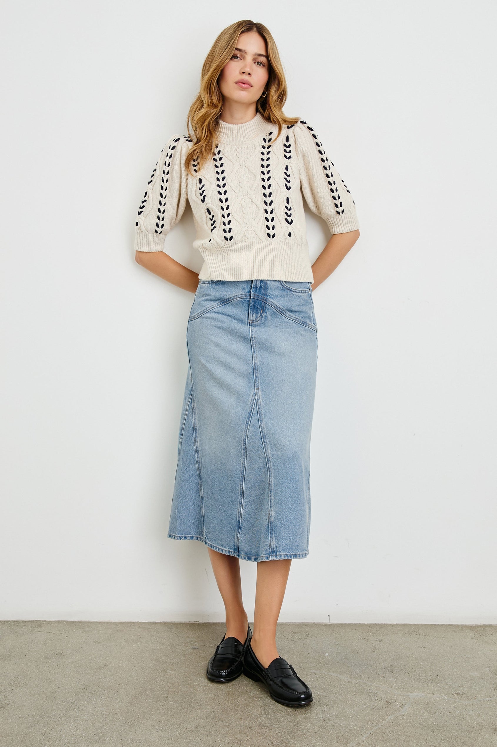 Del Rey Denim Midi Skirt with Western-Style Seams, Belt Loops, Two Front Pockets and Two Back Patch Pockets in Original Blue Colorway - Front Full Body View Featured on Model
