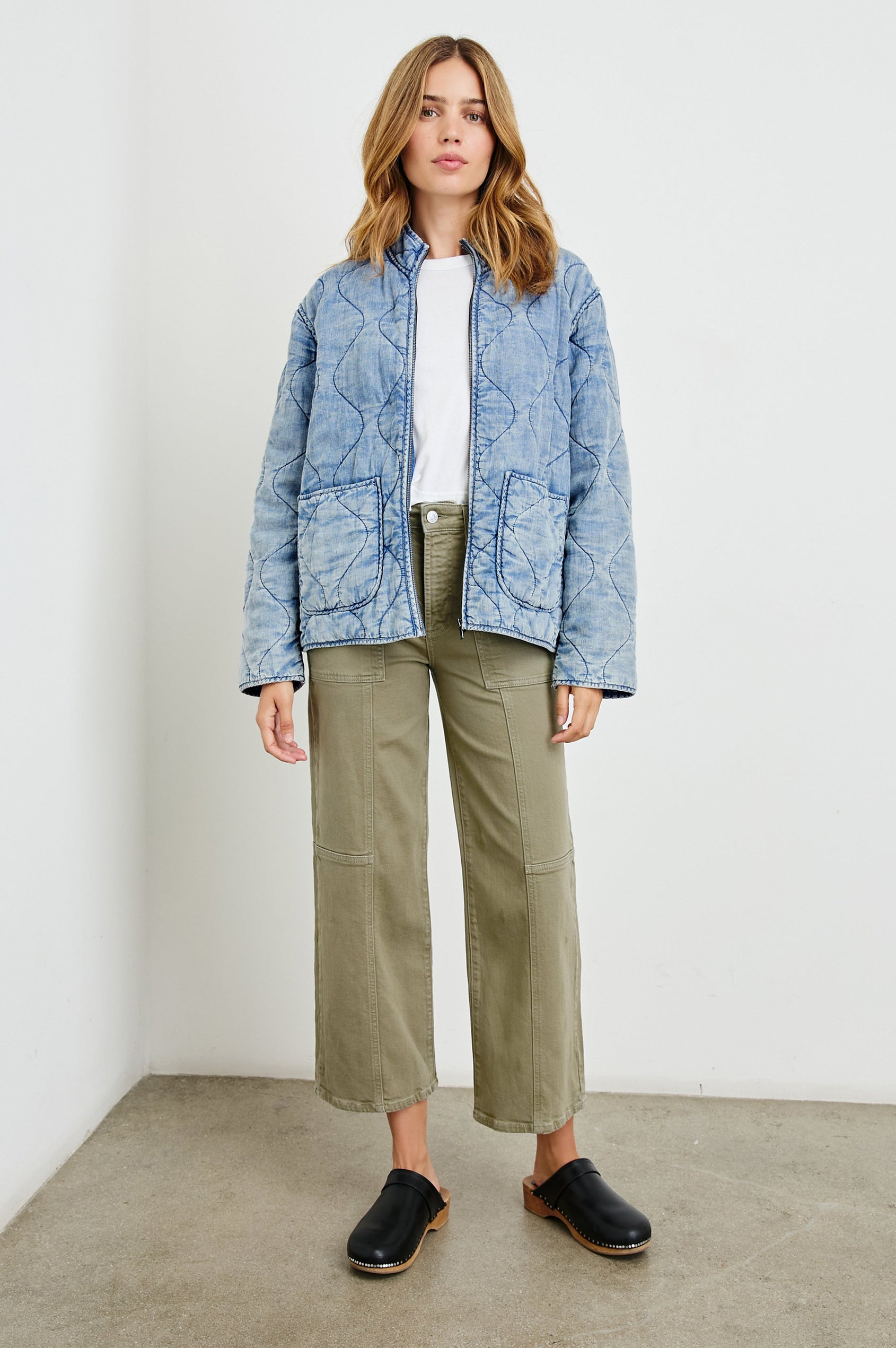 Denver Jacket with a Zip Up Closure, Two Front Patch Pockets and Quilted Stitching in Med Vintage Cloud Wash Colorway - Front Full Body View Featured on Model