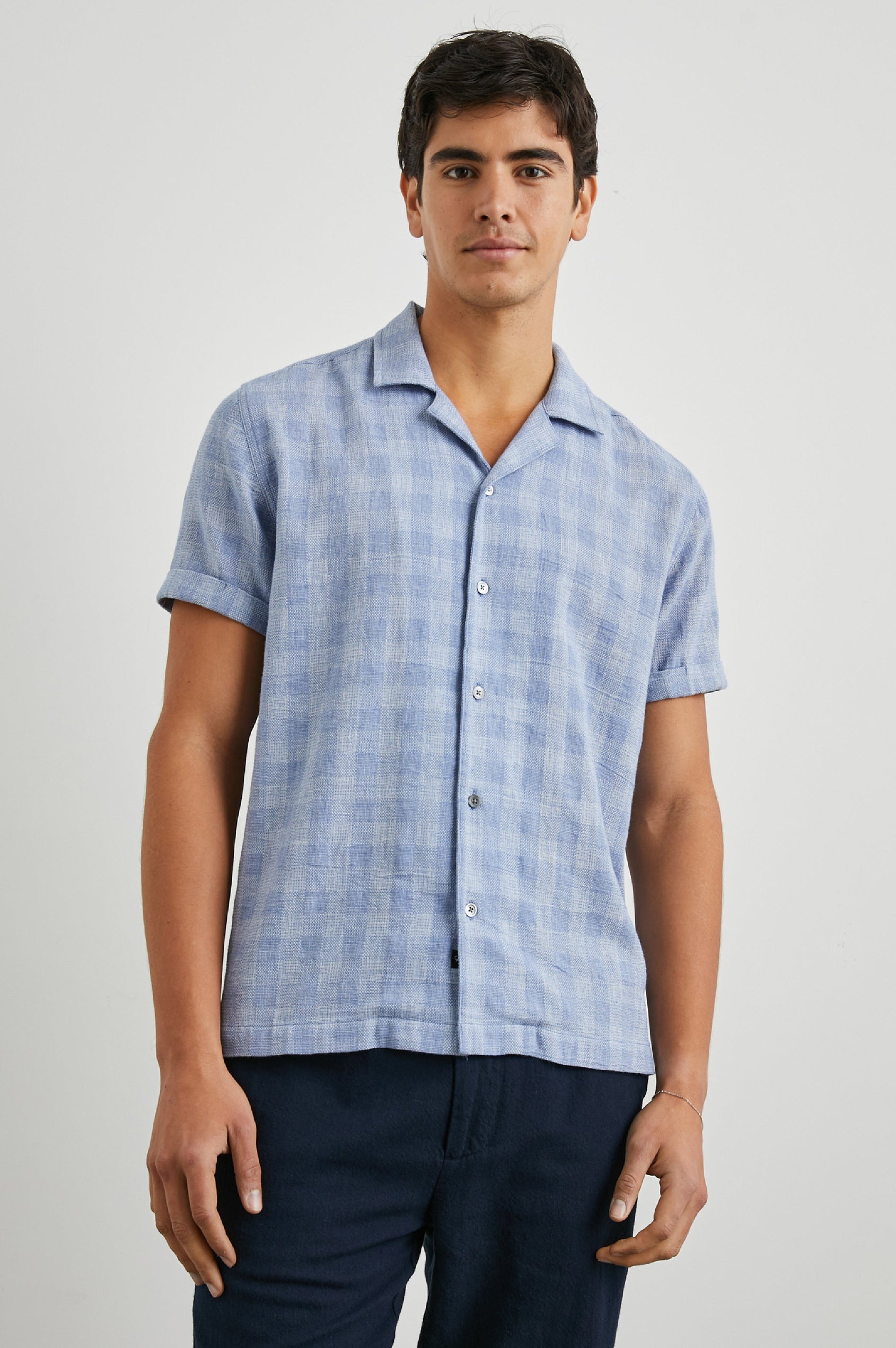 Dresden Short Sleeve Button Up with Rolled Cuffs in Home Spun Blue Gingham Colorway - Front View Featured on Model