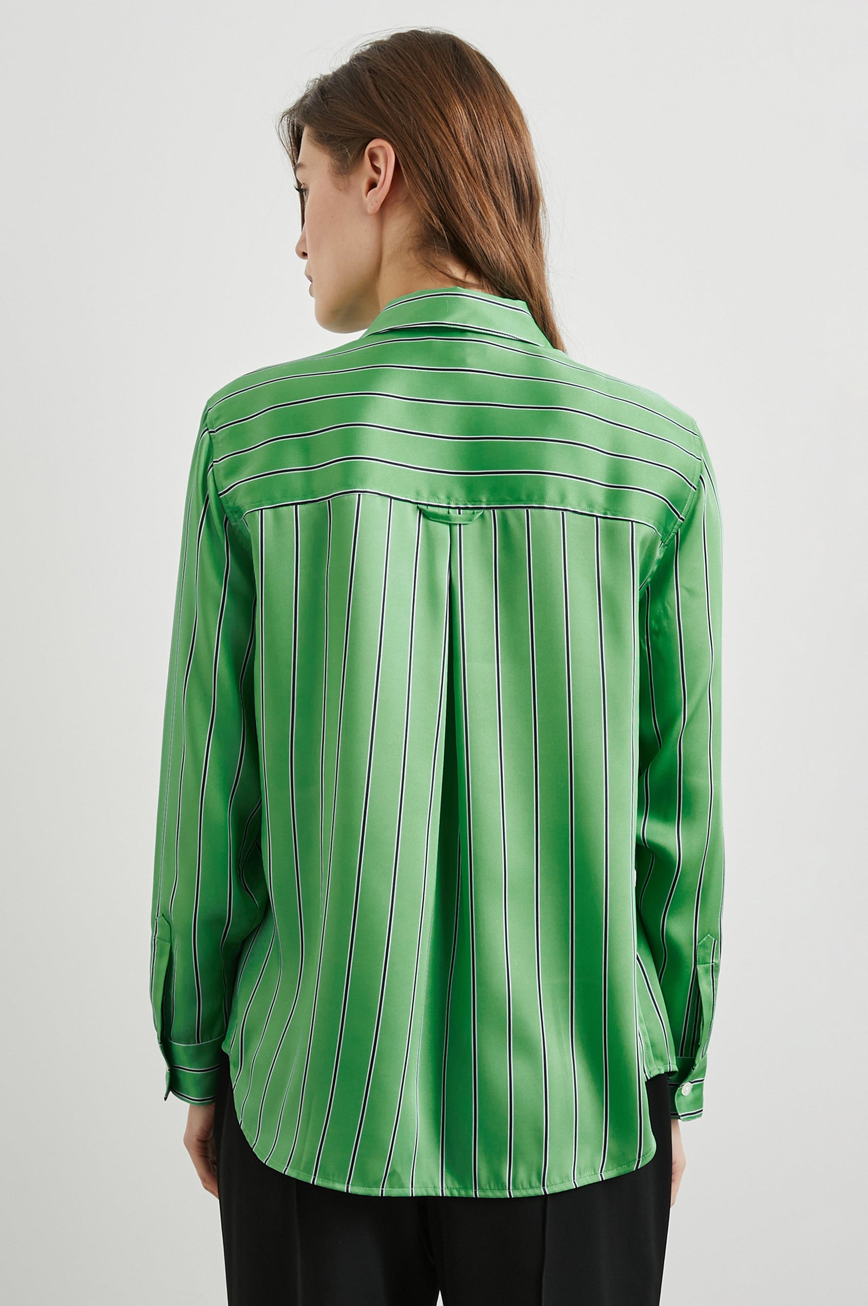 Elias Long Sleeve Button Up in Basil Stripe Colorway, White and Black Vertical Stripes on Basil - Back View Featured on Model