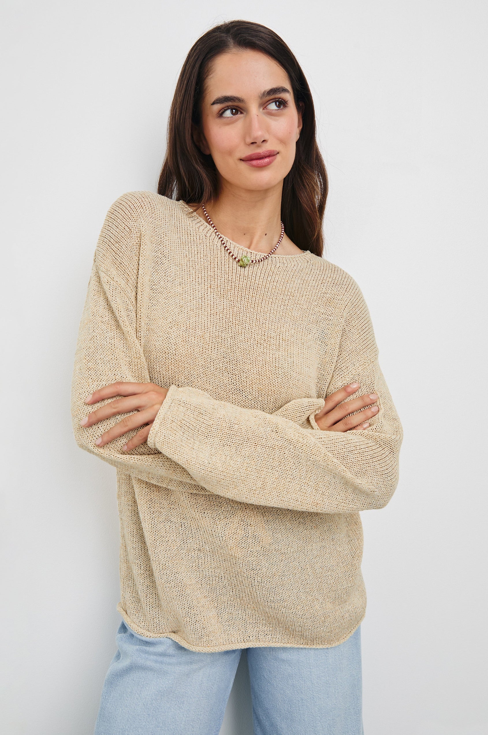 Evangeline Crew Neck Sweater with Long Sleeves in Natural Colorway. Front View Shown on Model.