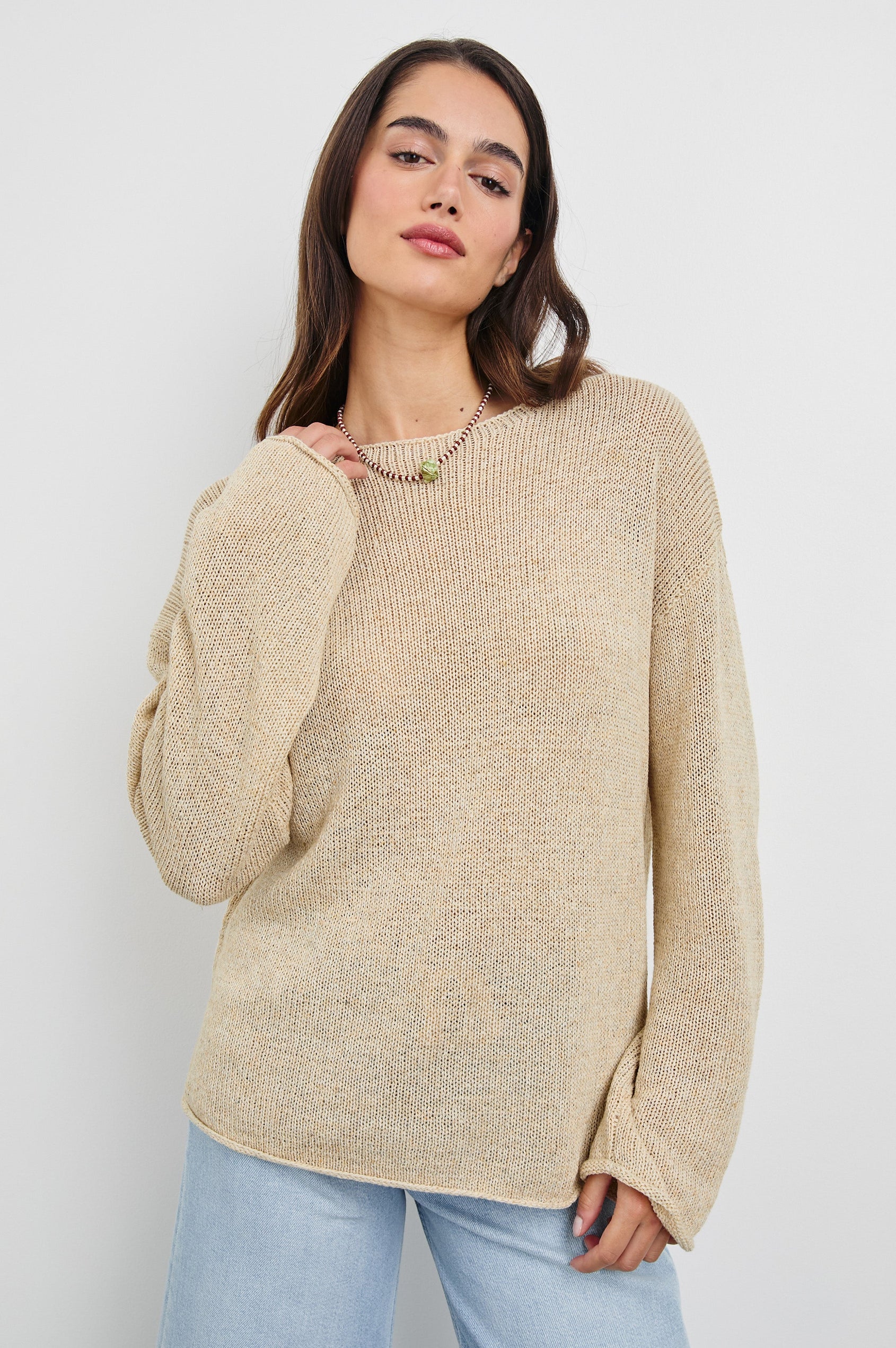 Evangeline Crew Neck Sweater with Long Sleeves in Natural Colorway. Front View Shown on Model.