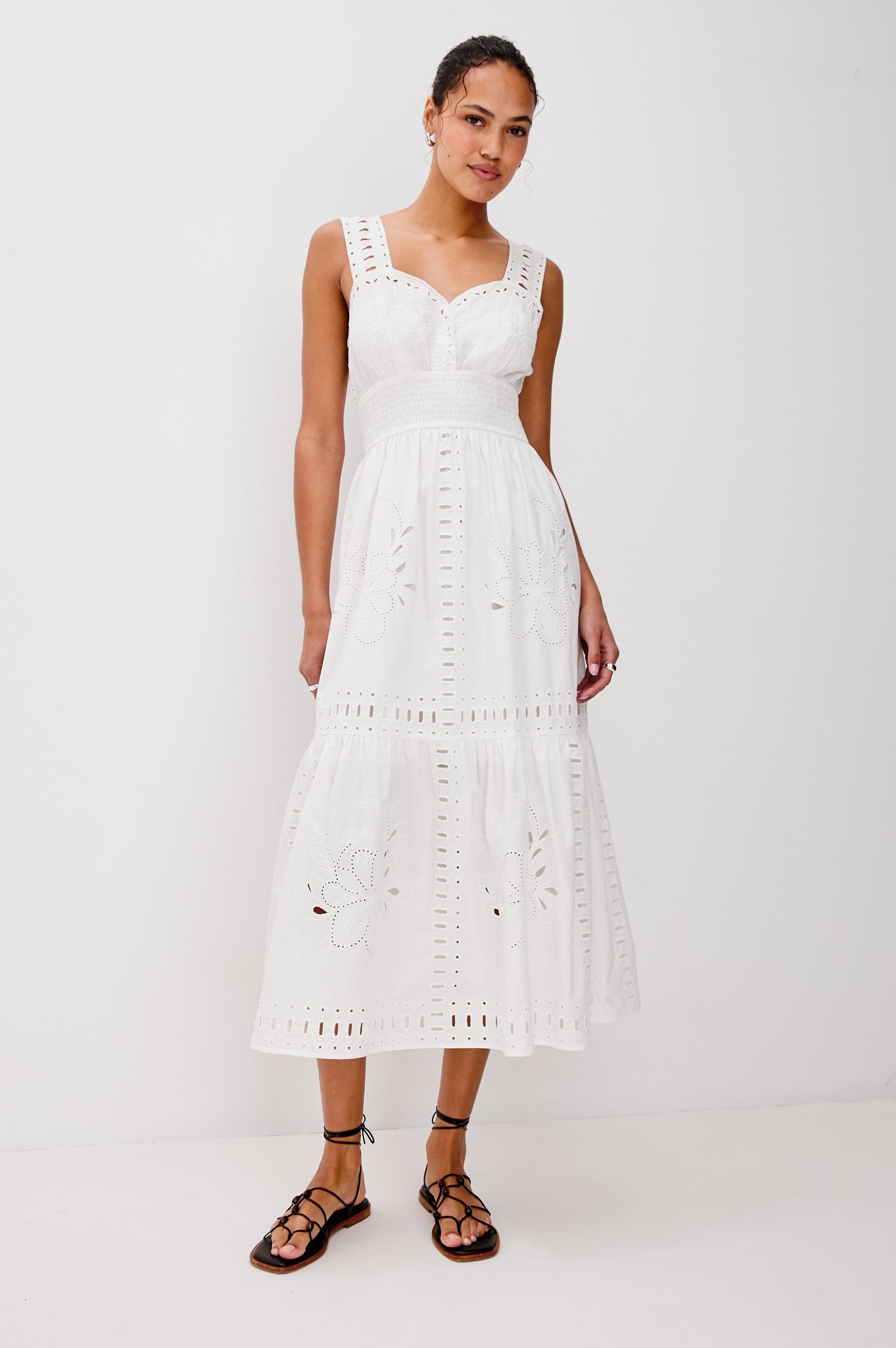 Fawn Midi Tank Dress with Wide Straps, Sweetheart Neck Line, Elastic Gathered Waist and Tiered Skirt in White Colorway. Full Body Front View Shown on Model.
