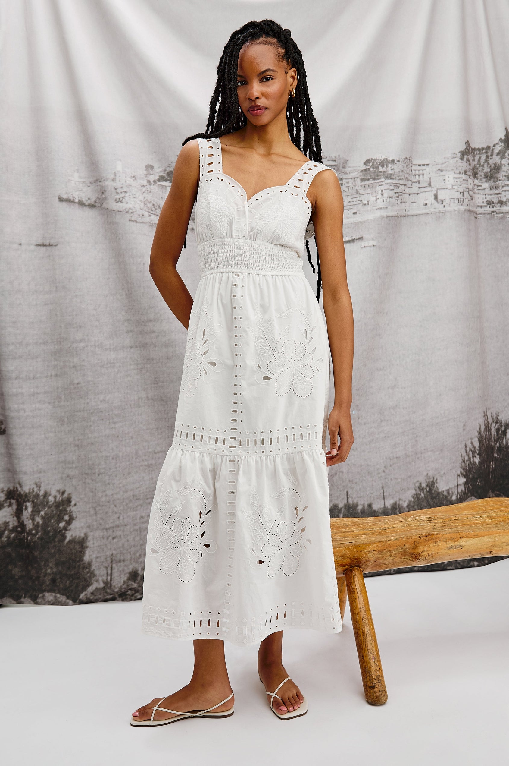 Fawn Midi Tank Dress with Wide Straps, Sweetheart Neck Line, Elastic Gathered Waist and Tiered Skirt in White Colorway. Stylized Full Body Front View Shown on Model.