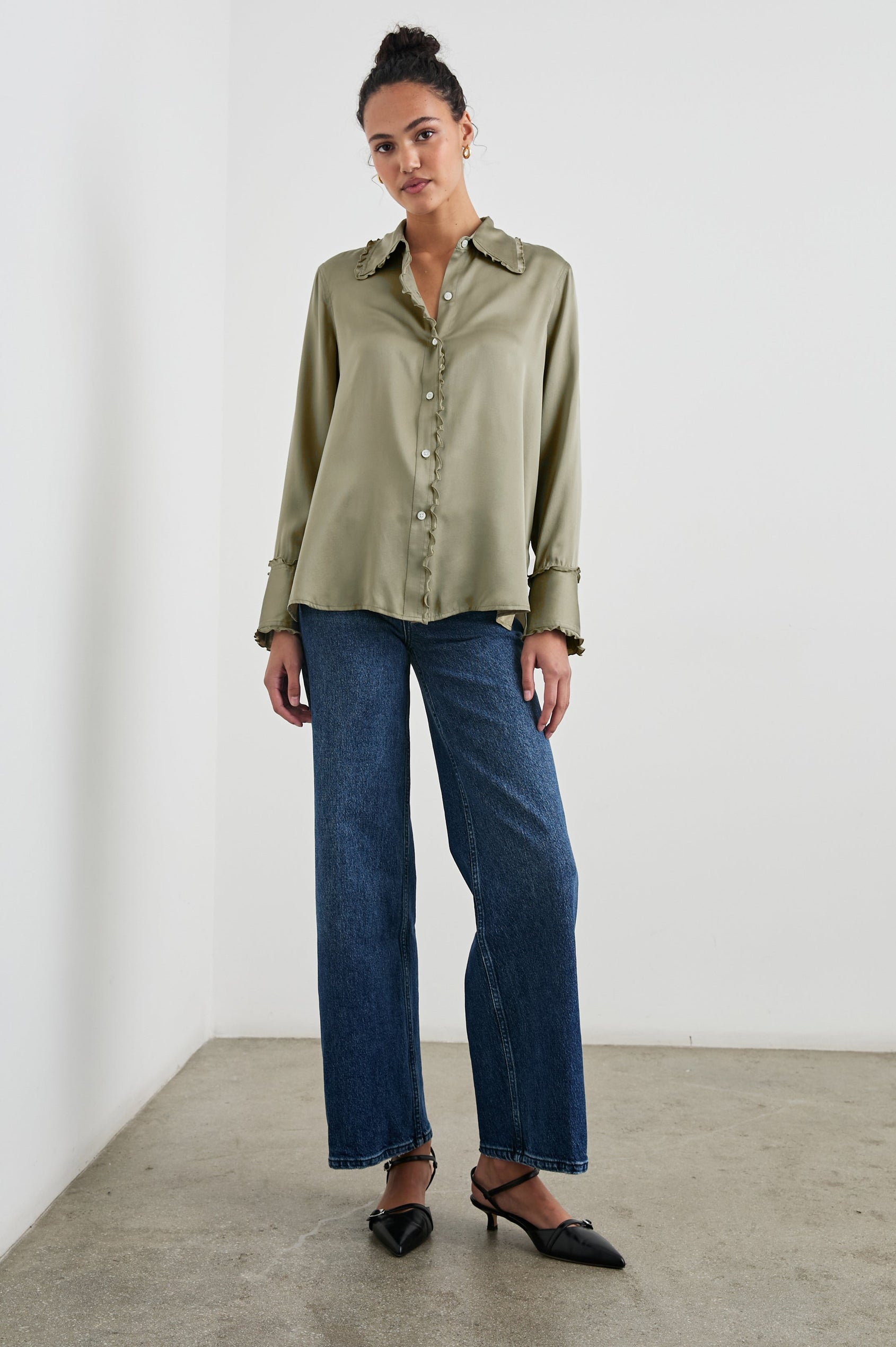 Fia Long-Sleeve Button Up with Lettuce Edges on the Collar, Cuffs, and Closure in Mermaid Colorway - Front Full Body View Featured on Model