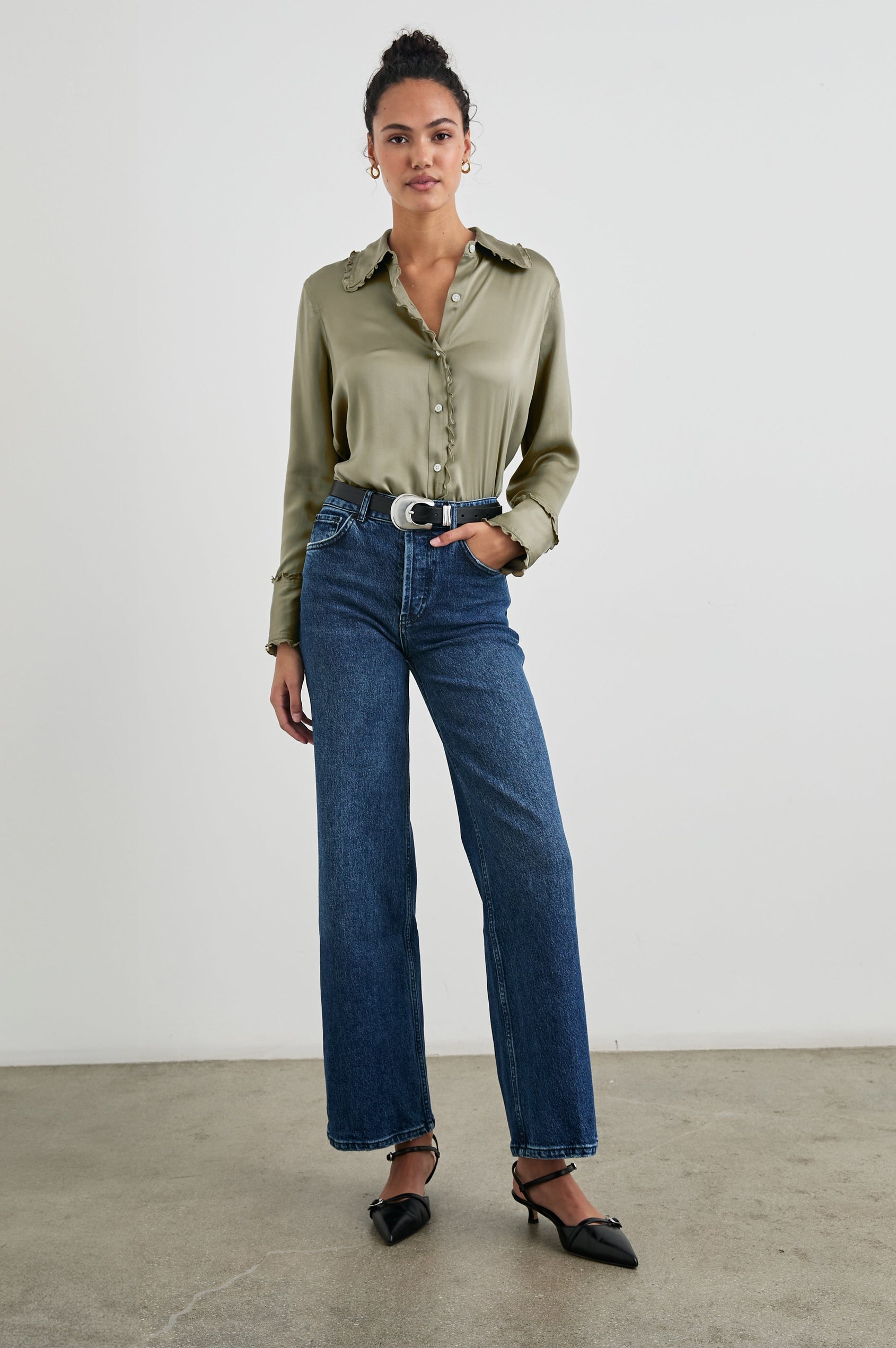 Fia Long-Sleeve Button Up with Lettuce Edges on the Collar, Cuffs, and Closure in Mermaid Colorway - Front Full Body View Featured on Model