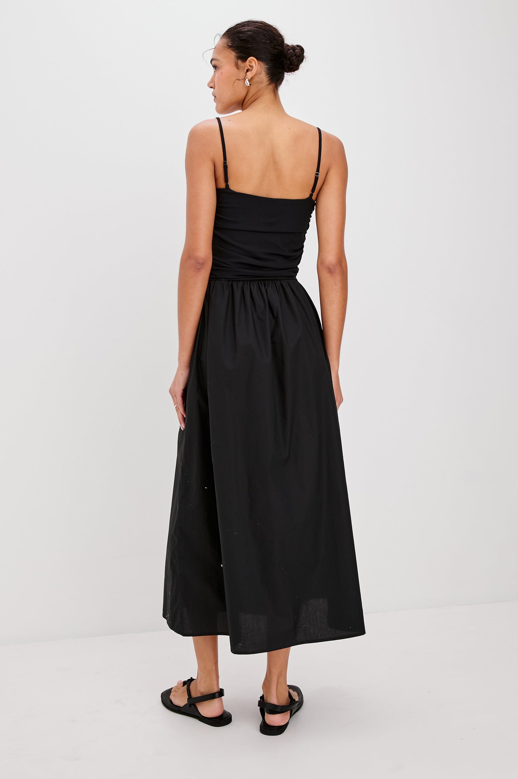 Fisher Midi Tank Dress with Spaghetti Straps, Gathered Center Front Detail on Bodice and a Gathered Waistband in Black Colorway. Back View Shown on Model.