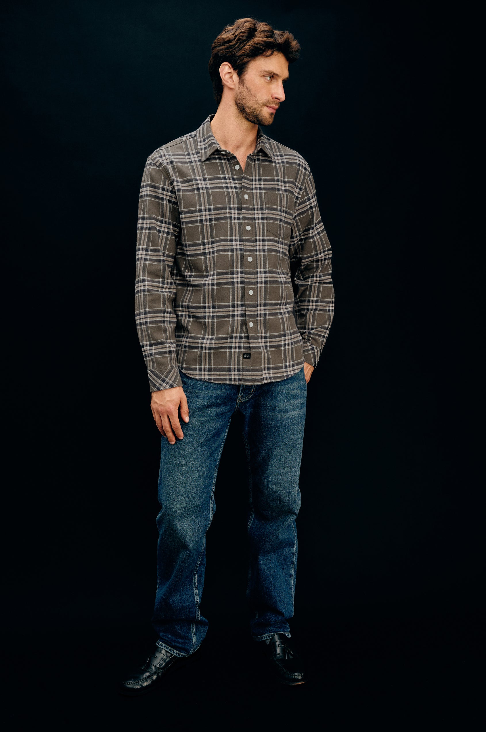 Forrest Long-Sleeve Button Up with a Chest Patch Pocket in Driftwood Coal Colorway, a Brown, Green and Charcoal plaid - Front Full Body View Featured on Model
